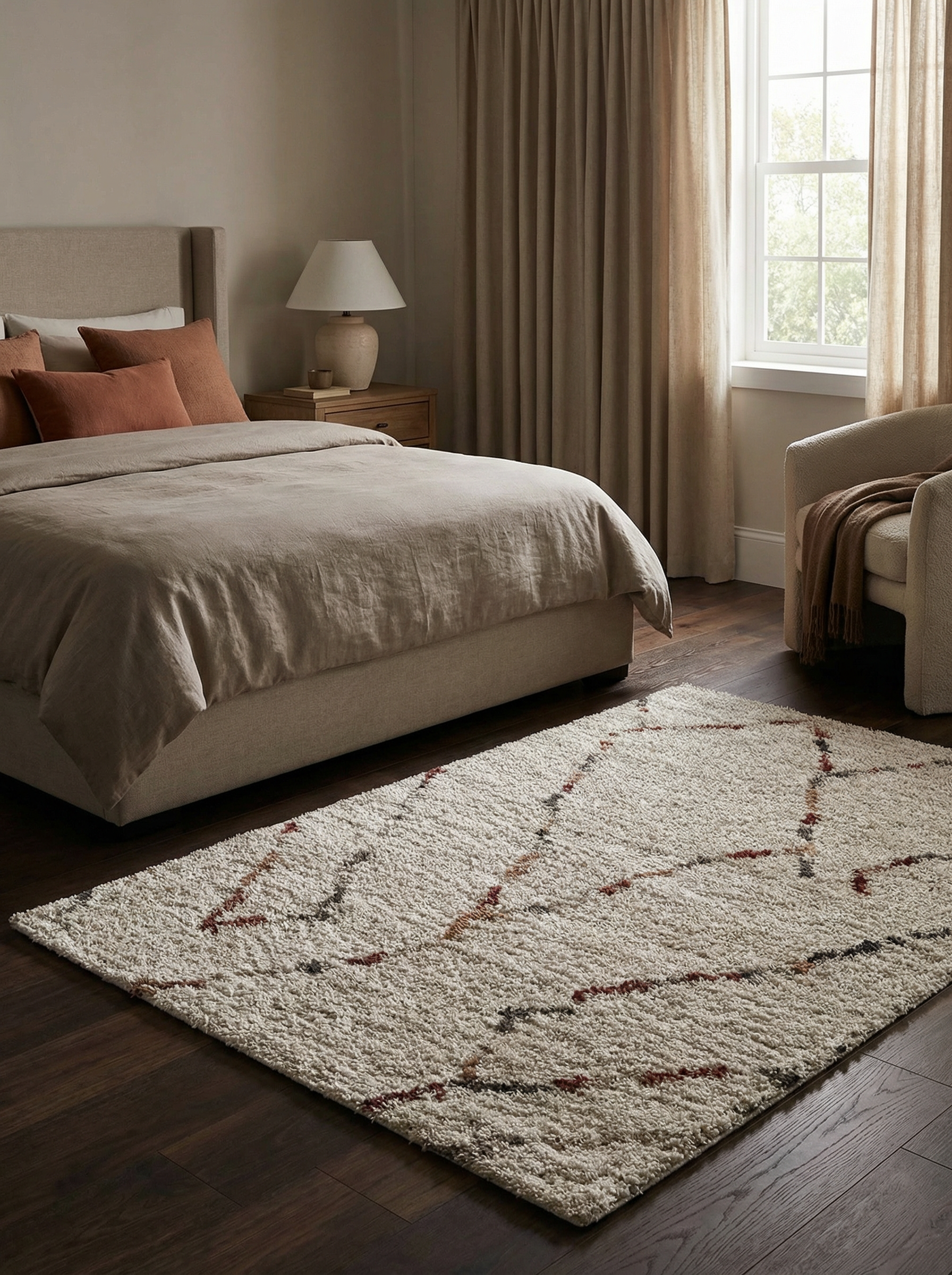 Tapis rectangulaire crème à poils longs, motifs de lignes abstraites bordeaux et gris, sur un plancher en bois foncé dans une chambre