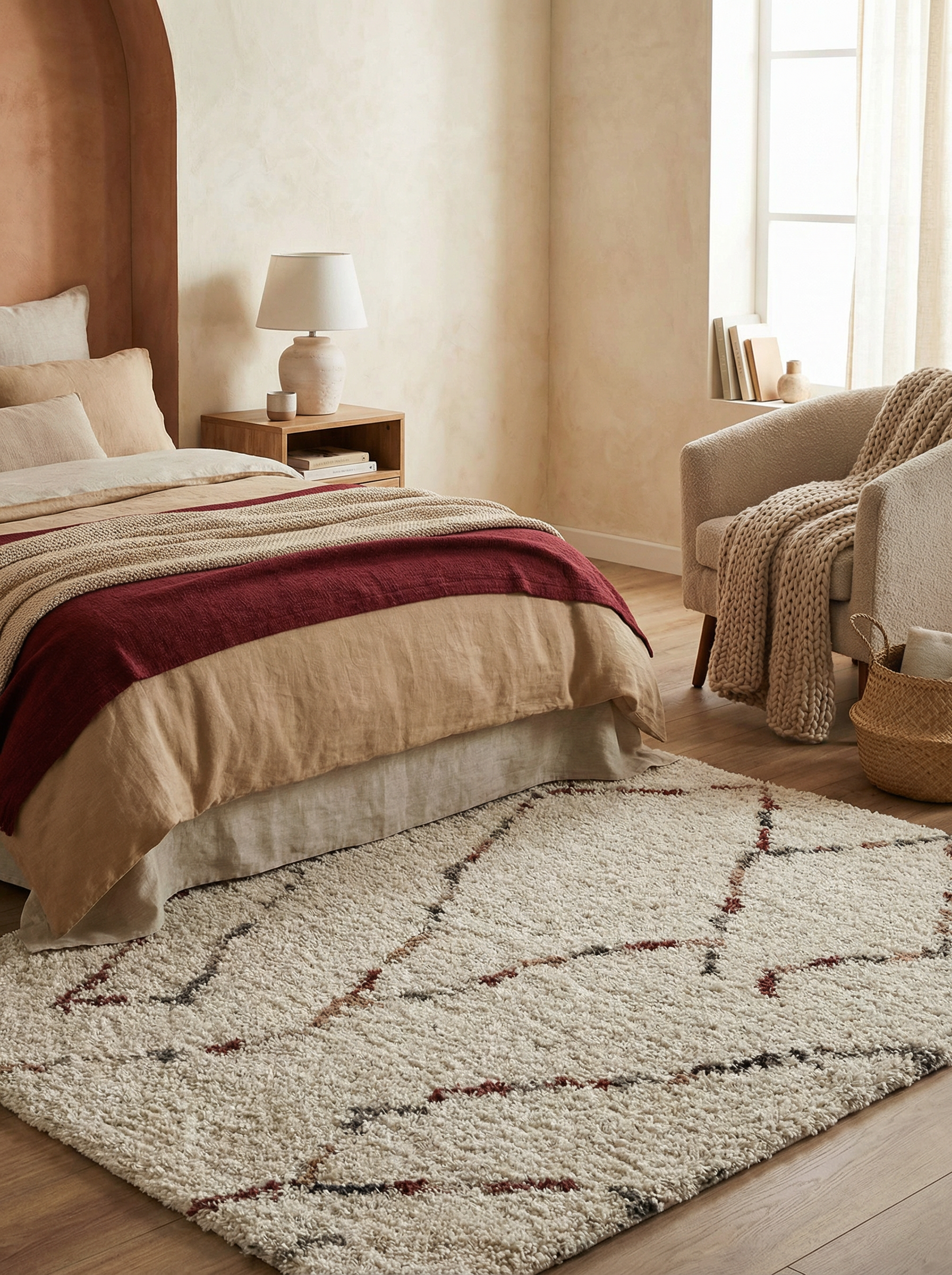 Tapis shaggy crème aux motifs géométriques de lignes rouge bordeaux, taupe et gris foncé, sur un parquet clair dans une chambre