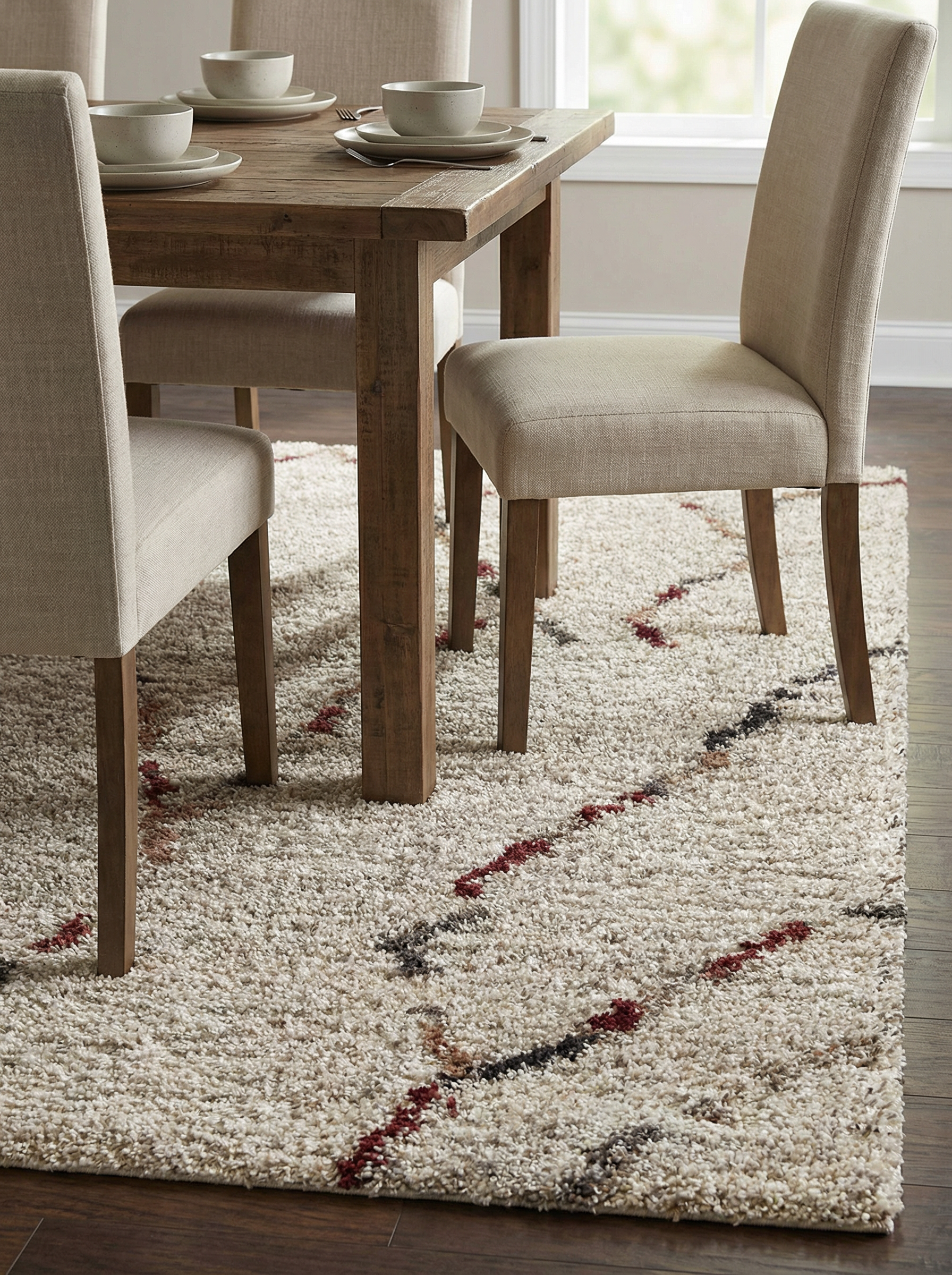 Tapis shaggy crème à poils longs avec des motifs de bandes diagonales rouge foncé, gris et marron dans une salle à manger