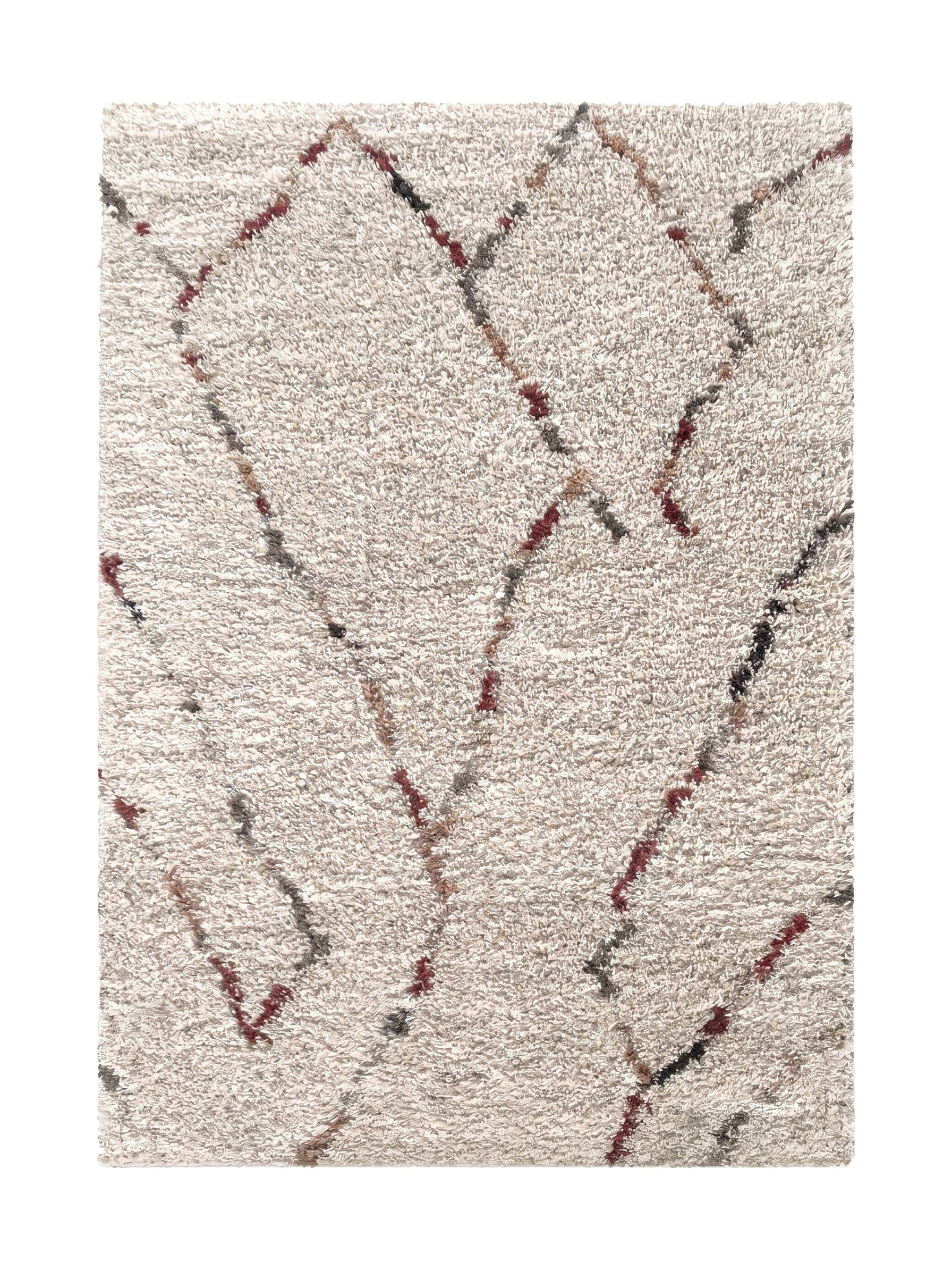 Tapis à poils longs crème avec un motif de lignes géométriques brisées bordeaux, marron et gris