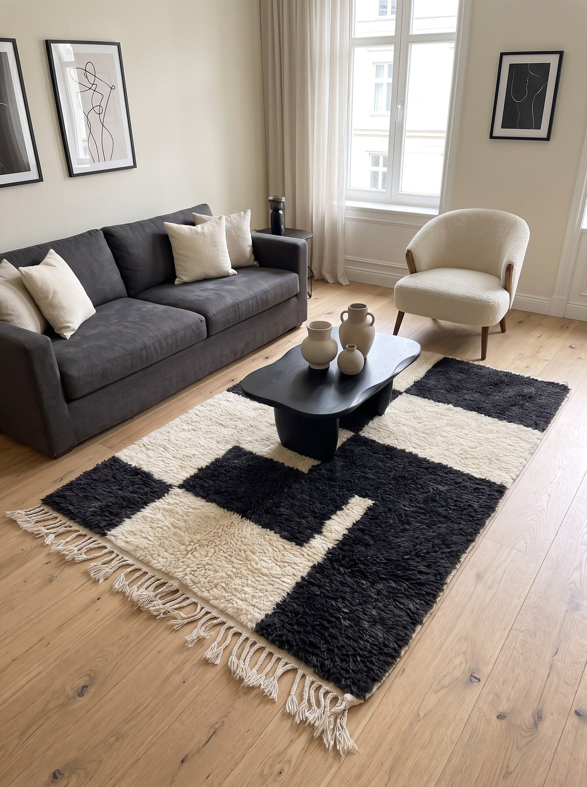 Tapis berbère damier anthracite et blanc Bani dans un autre salon, noué main au Maroc