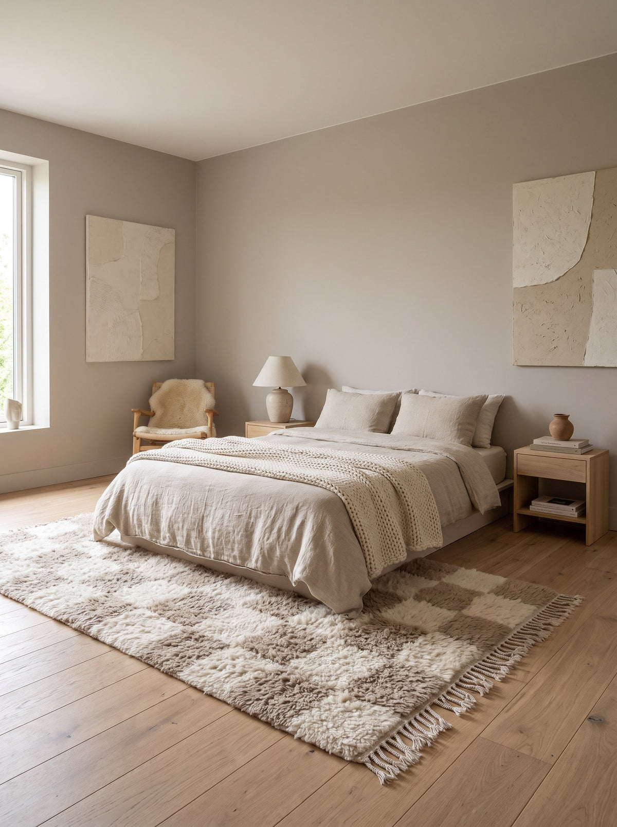 Tapis berbère damier beige et blanc Borzan dans une chambre, noué main au Maroc