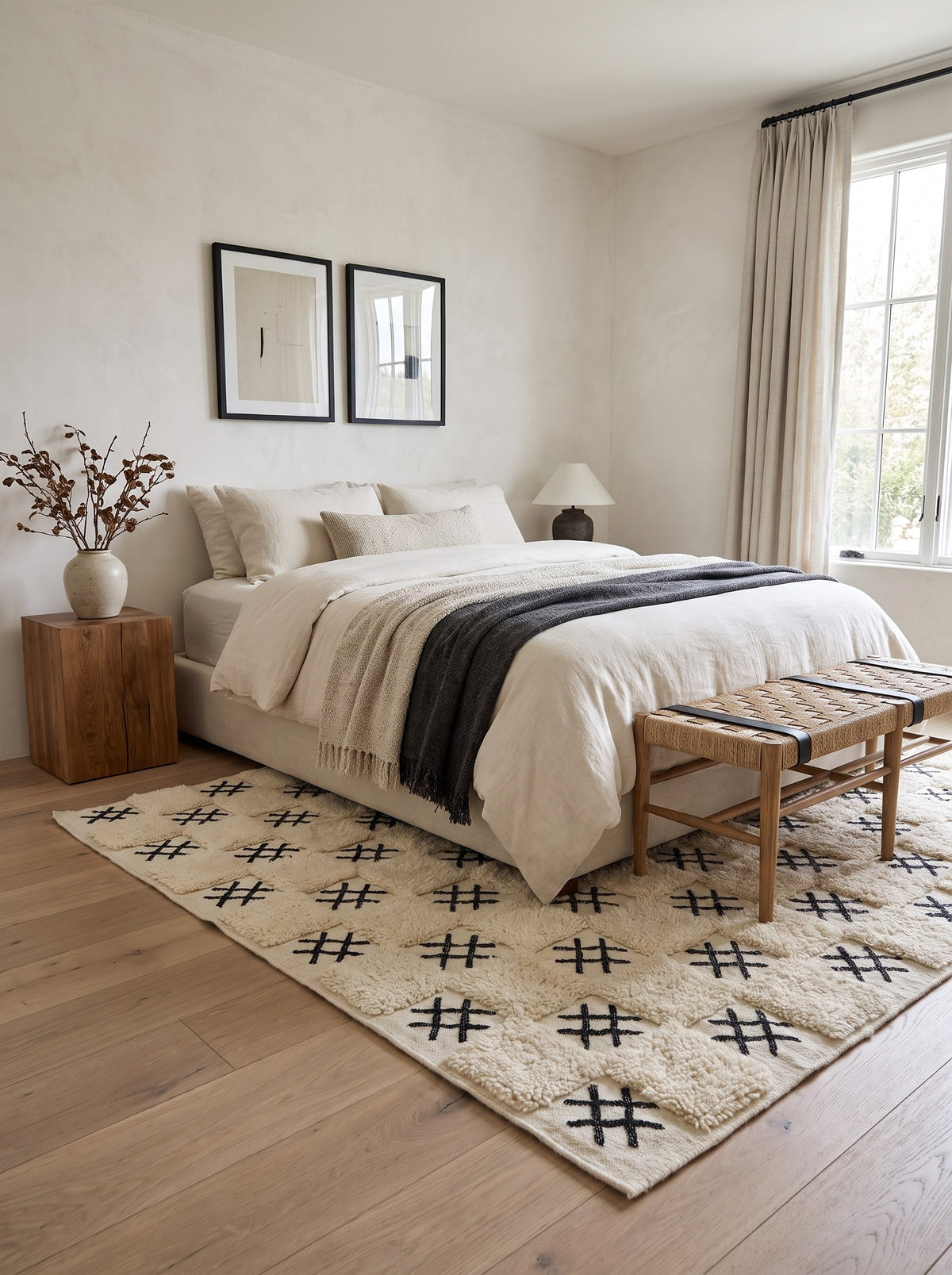 Tapis berbère damier blanc et noir Ouaneskra dans une chambre, noué main au Maroc