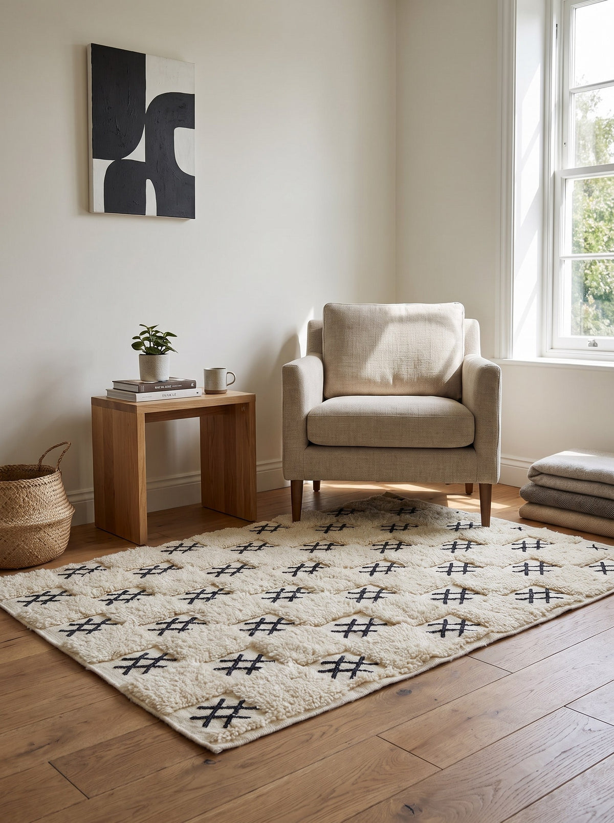 Tapis berbère damier blanc et noir Ouaneskra dans un coin lecture, noué main au Maroc