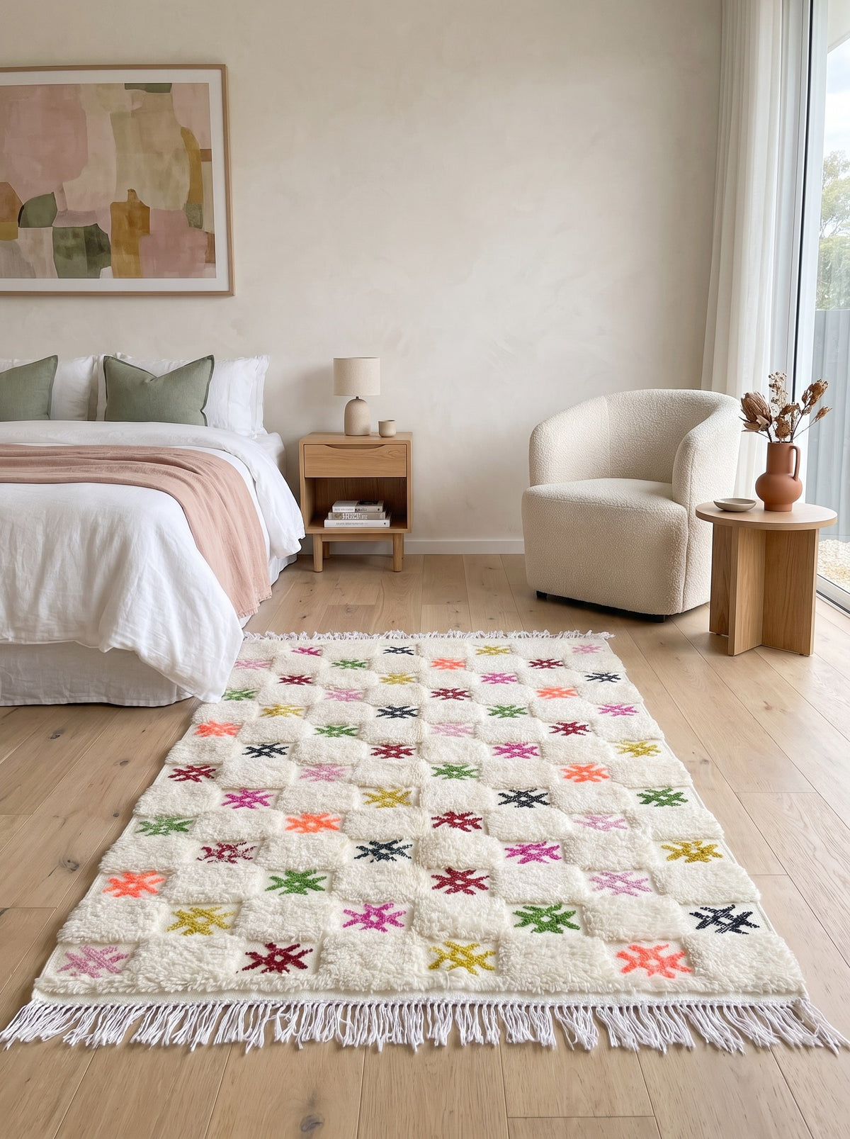 Tapis berbère damier blanc multicolore Selbira dans une chambre, noué main au Maroc