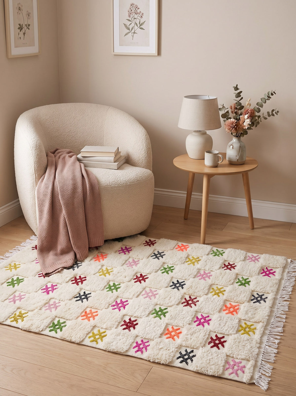 Tapis berbère damier blanc multicolore Selbira dans un coin lecture, noué main au Maroc