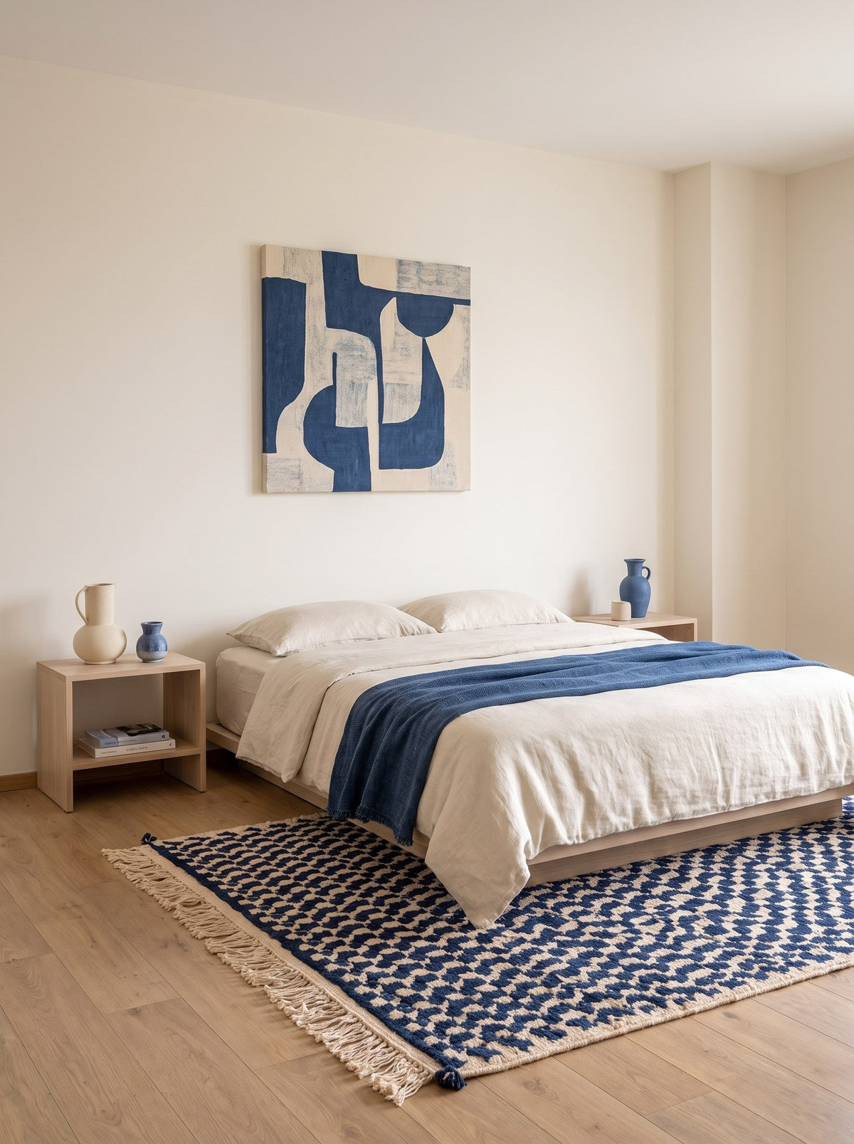 Tapis berbère damier bleu marine Dayet dans une chambre, noué main au Maroc