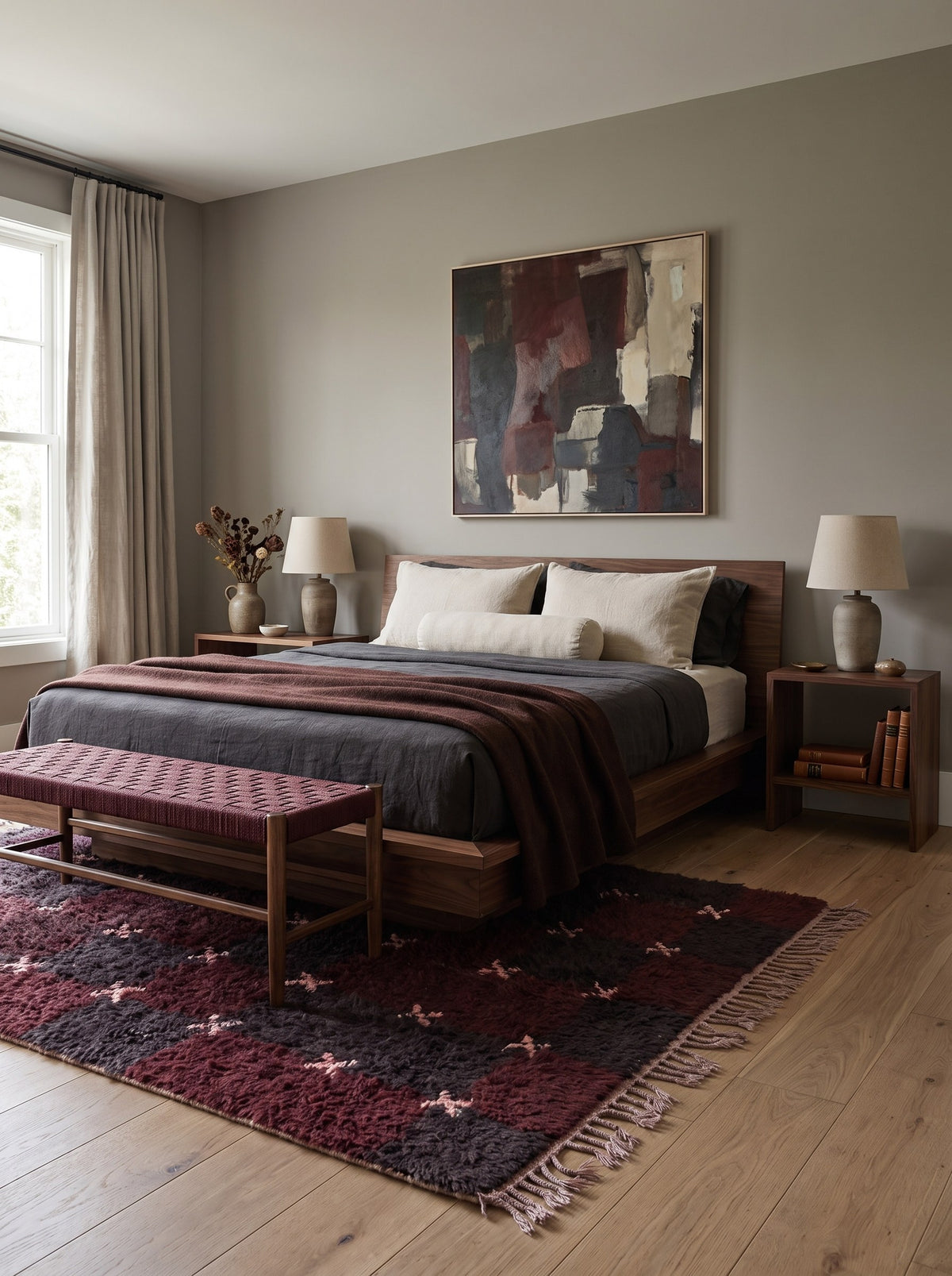 Tapis berbère damier bordeaux et prune Tarwiza dans une chambre, noué main au Maroc