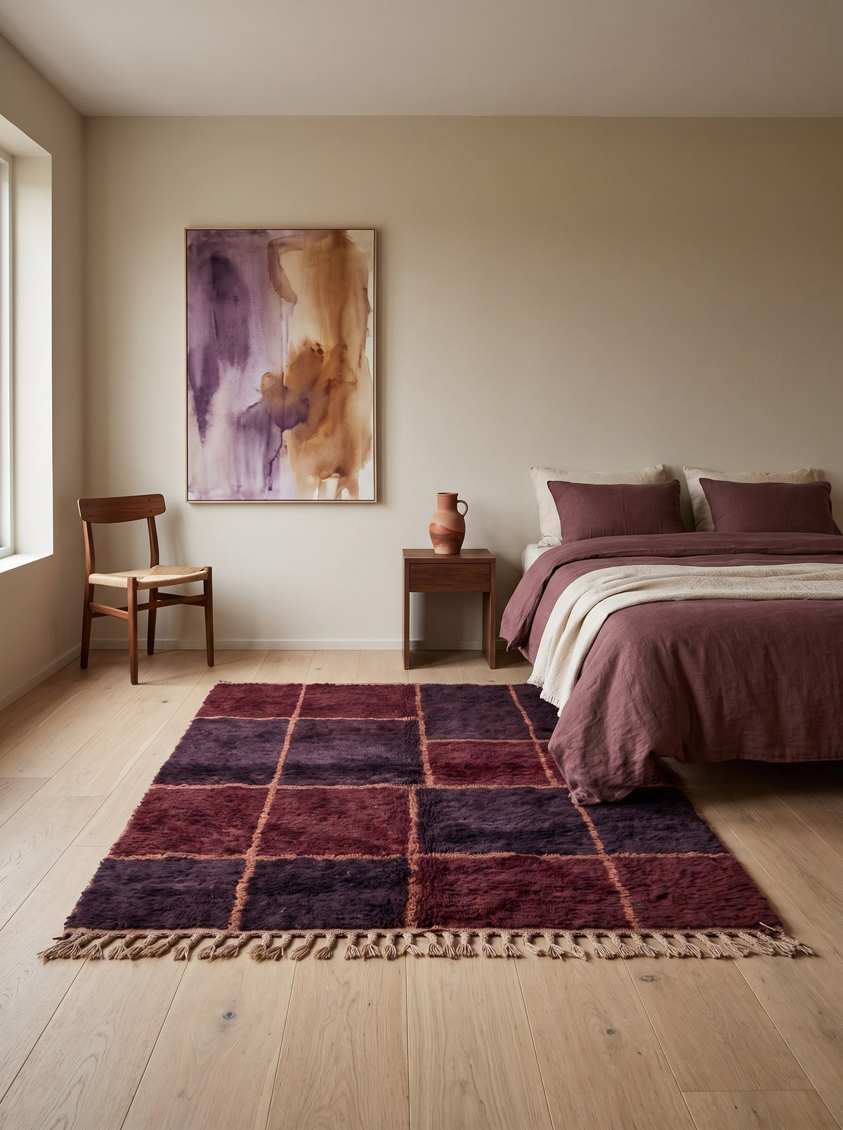 Tapis berbère damier bordeaux et prune Tazgurt dans une chambre, noué main au Maroc