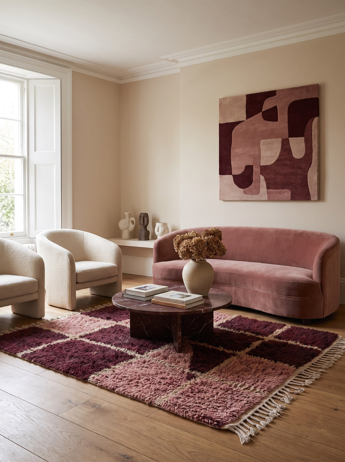 Tapis berbère damier bordeaux et rose Aksel dans un autre salon, noué main au Maroc