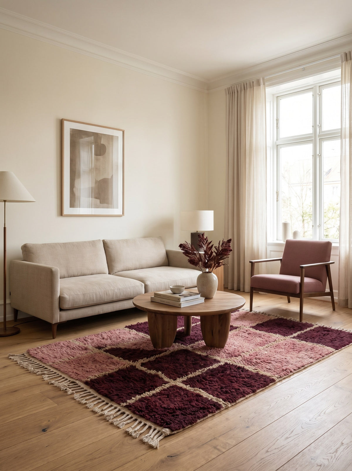 Tapis berbère damier bordeaux et rose Aksel dans un salon, noué main au Maroc