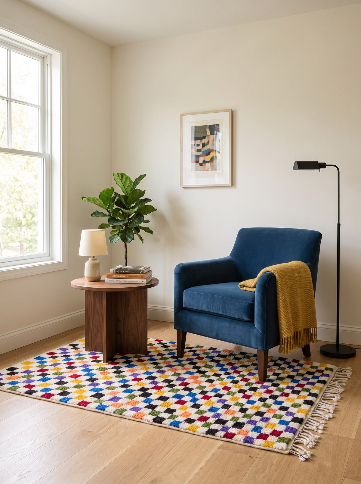 Tapis berbère damier multicolore Kaldin dans un coin lecture, noué main au Maroc