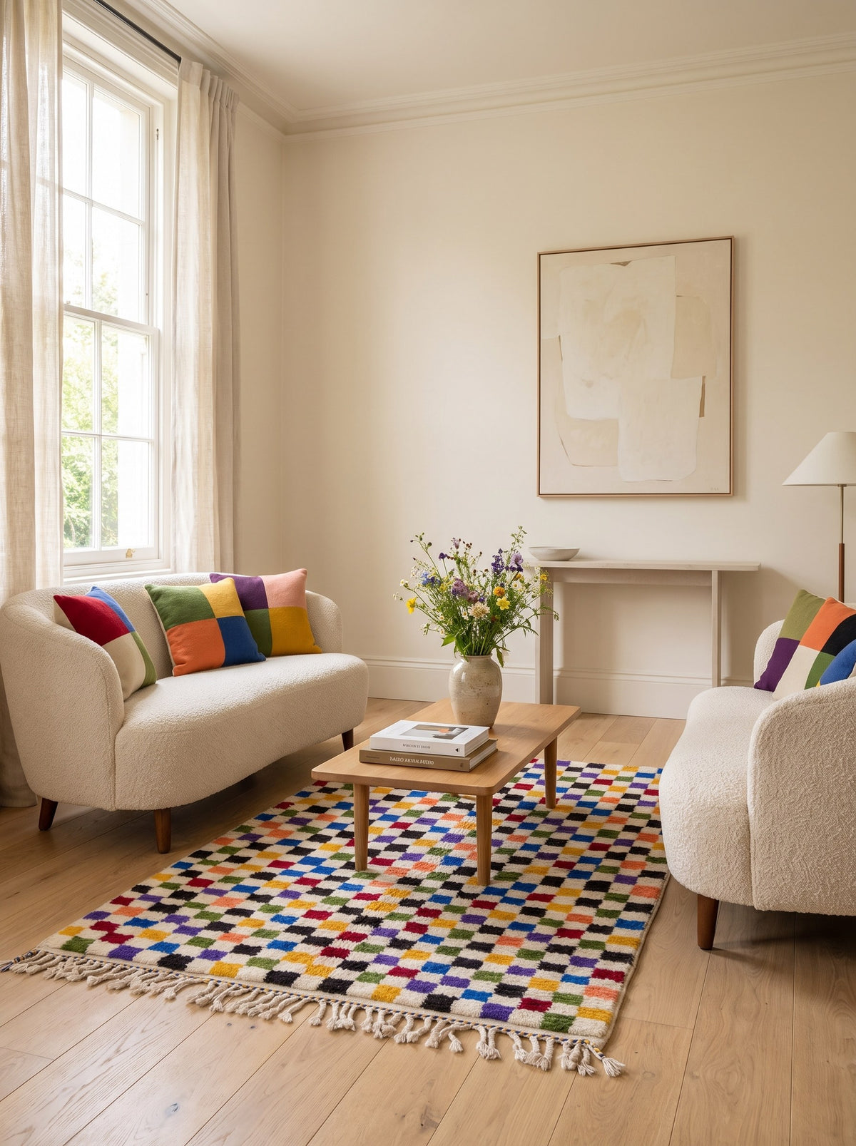Tapis berbère damier multicolore Kaldin dans un autre salon, noué main au Maroc