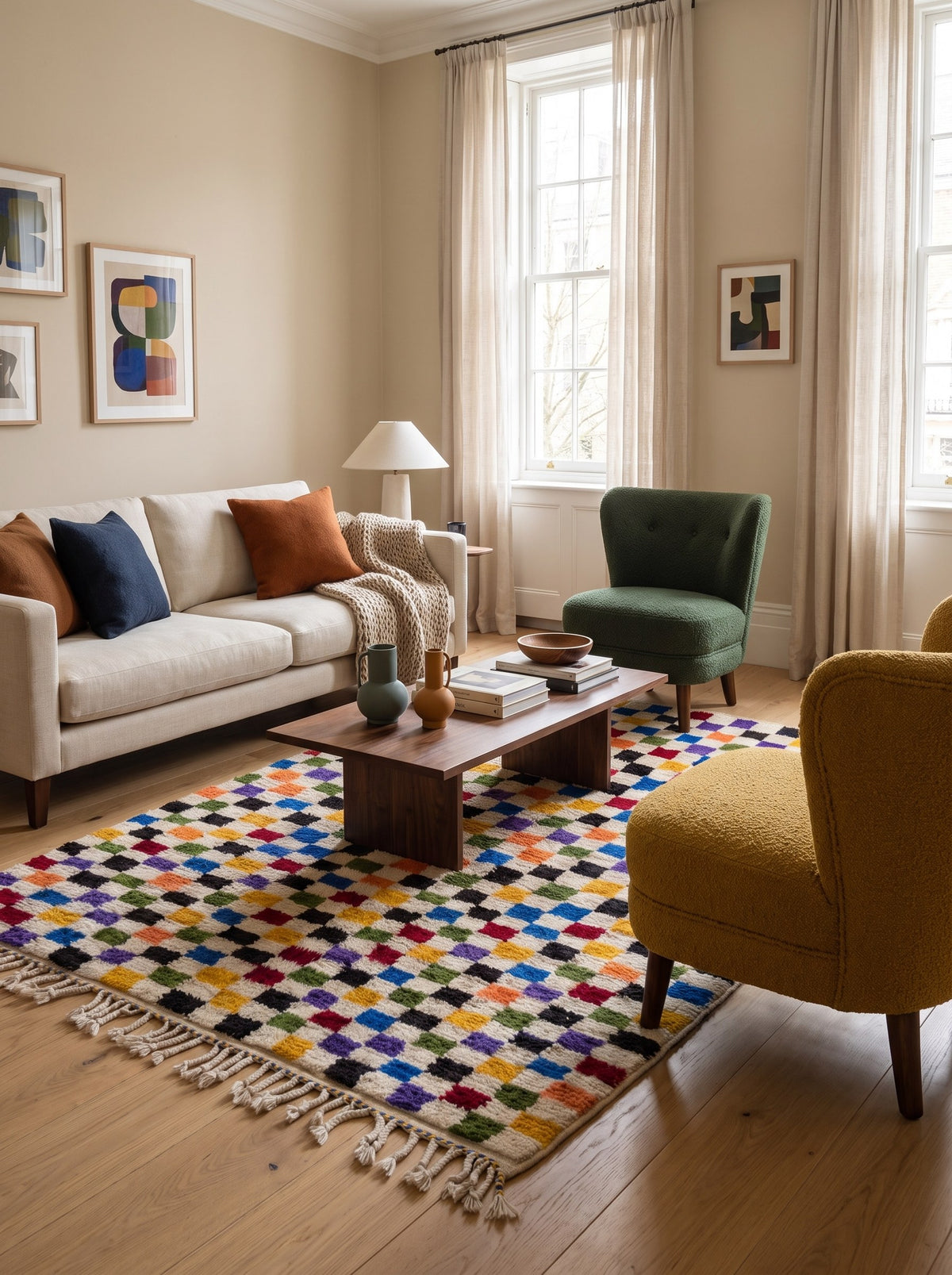 Tapis berbère damier multicolore Kaldin dans un salon, noué main au Maroc