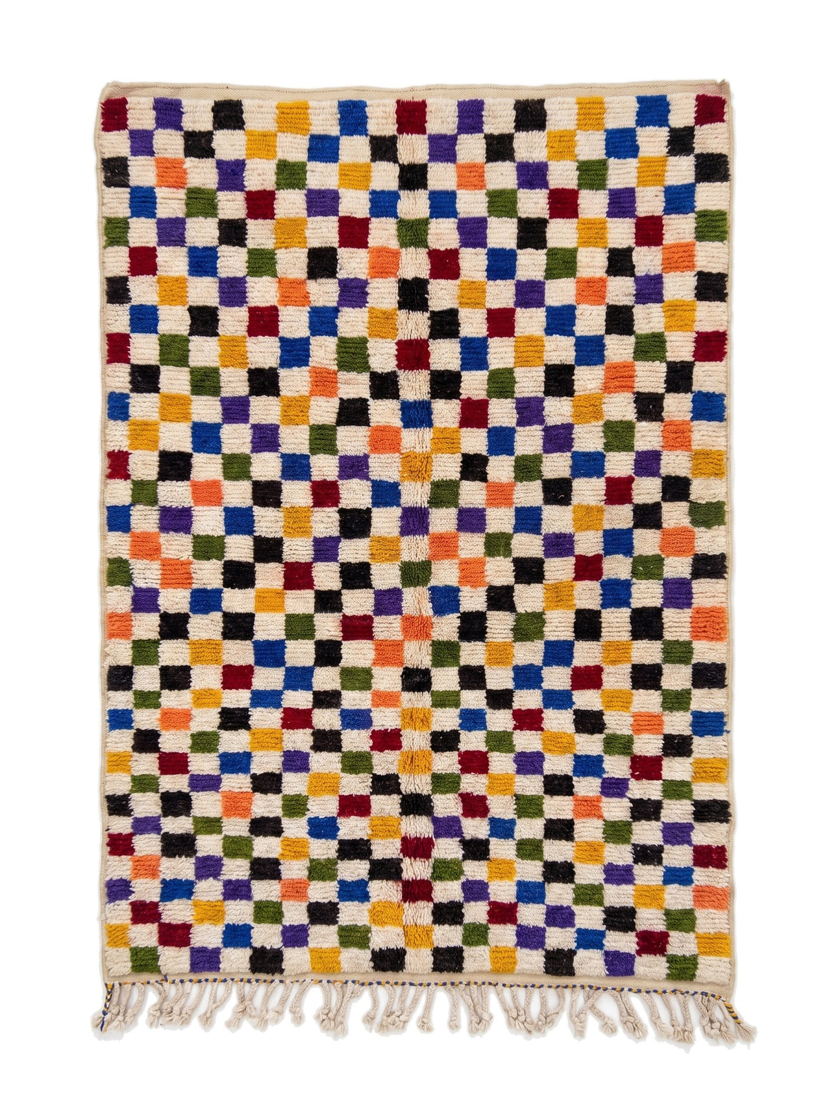 Kaldin multicoloured checkered Berber rug, laid flat, tight checkerboard, ecru squares alternating with coloured ones
