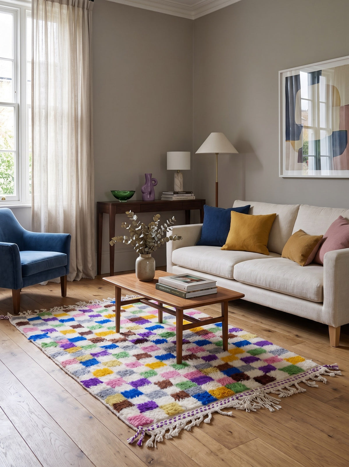 Tapis berbère damier multicolore Mokrisset dans un salon, noué main au Maroc