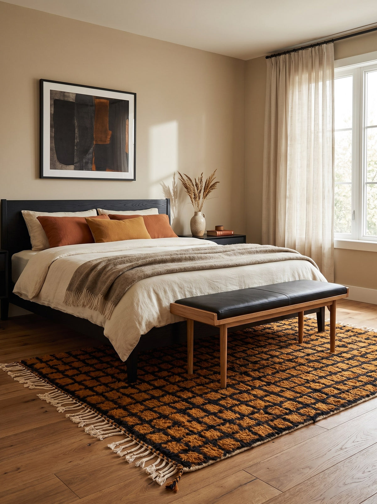 Tapis berbère damier ocre et noir Tirgamt dans une chambre, noué main au Maroc