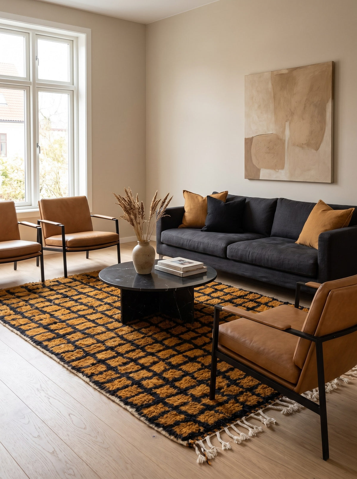 Tapis berbère damier ocre et noir Tirgamt dans un autre salon, noué main au Maroc