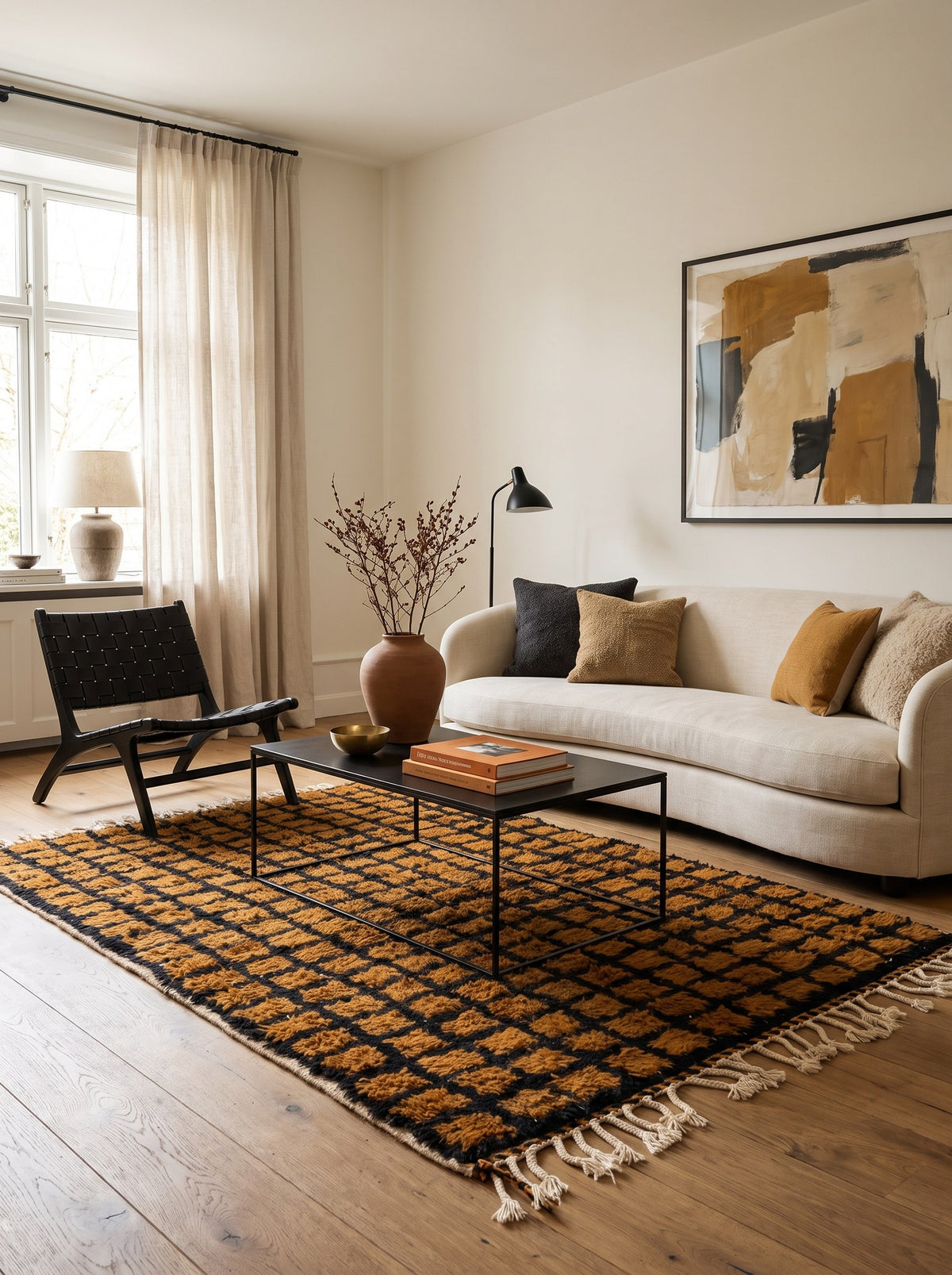 Tapis berbère damier ocre et noir Tirgamt dans un salon, noué main au Maroc