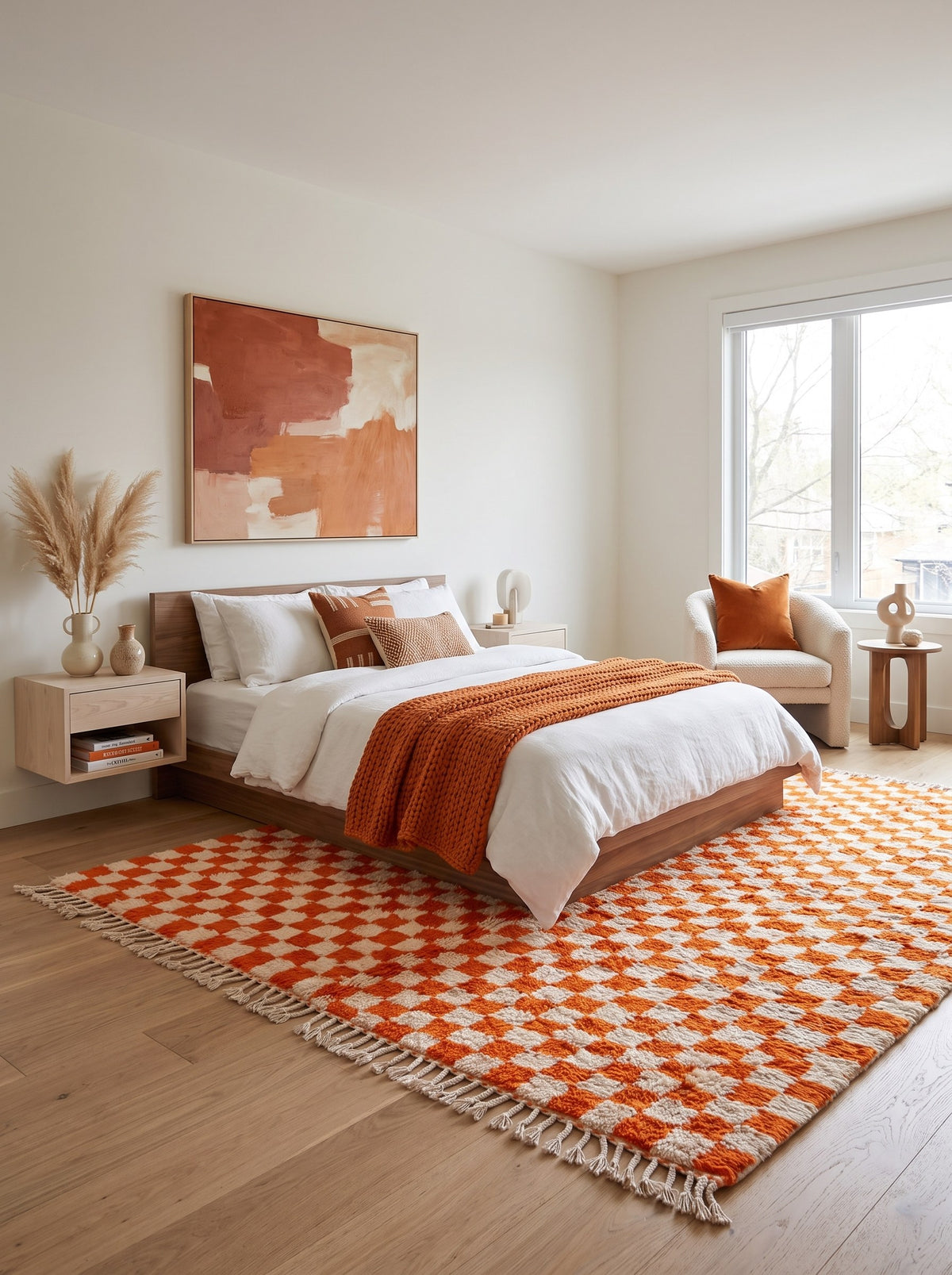 Ouzina orange checkerboard Berber rug in a bedroom, hand-knotted in Morocco