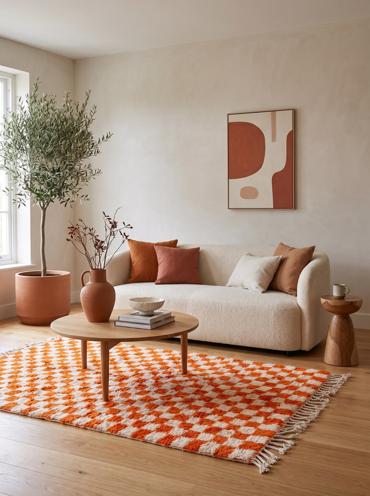 Ouzina orange checkerboard Berber rug in another living room, hand-knotted in Morocco