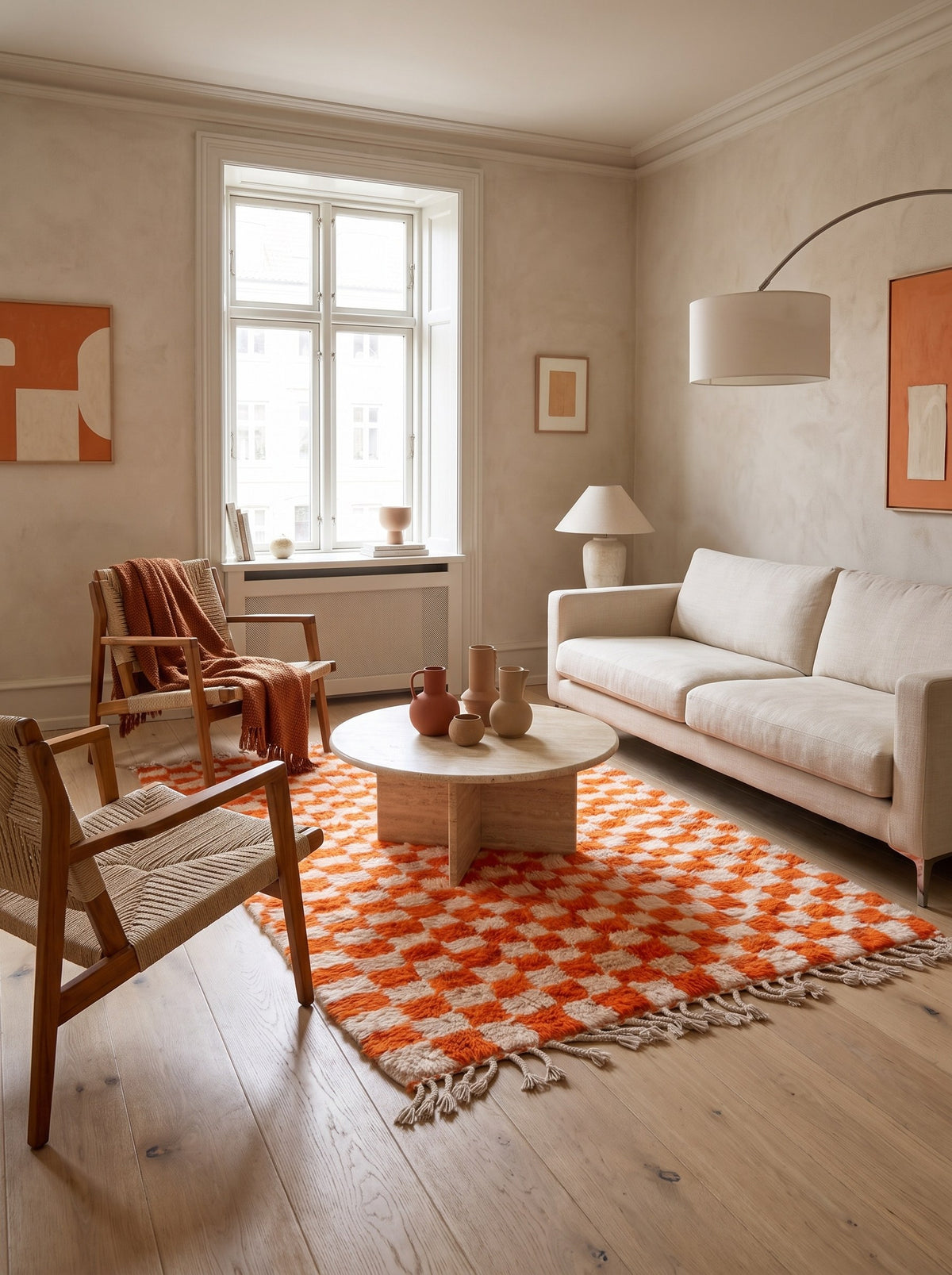 Ouzina orange checkerboard Berber rug in a living room, hand-knotted in Morocco