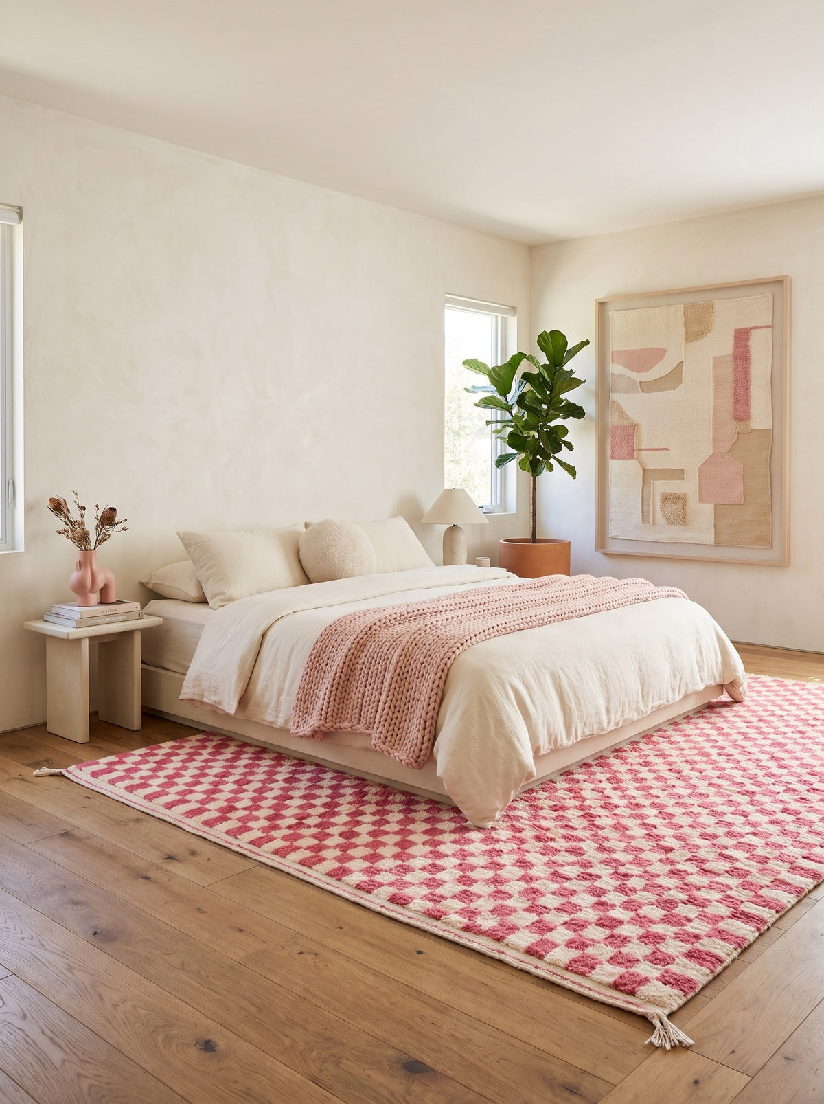 Tapis berbère damier rose et blanc Bazlira dans une chambre, noué main au Maroc
