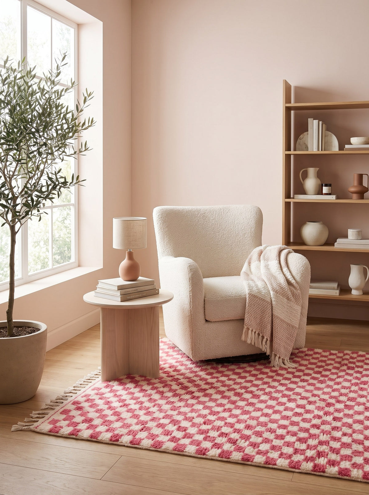 Tapis berbère damier rose et blanc Bazlira dans un coin lecture, noué main au Maroc