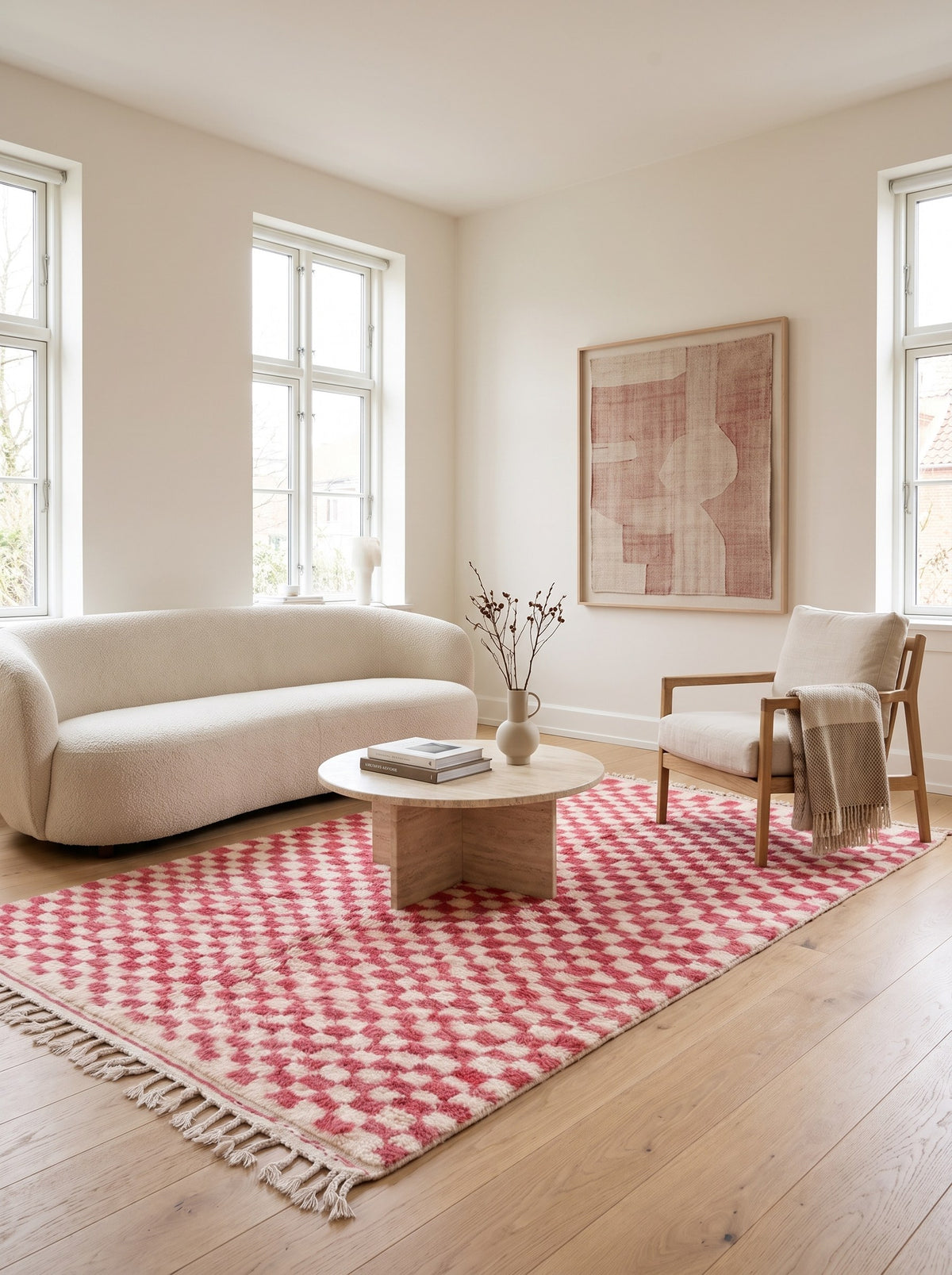 Tapis berbère damier rose et blanc Bazlira dans un autre salon, noué main au Maroc