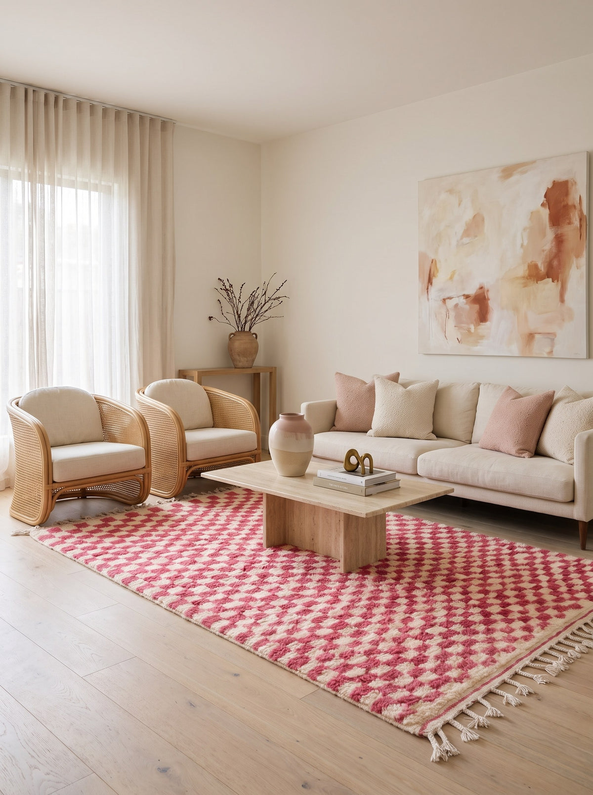 Tapis berbère damier rose et blanc Bazlira dans un salon, noué main au Maroc