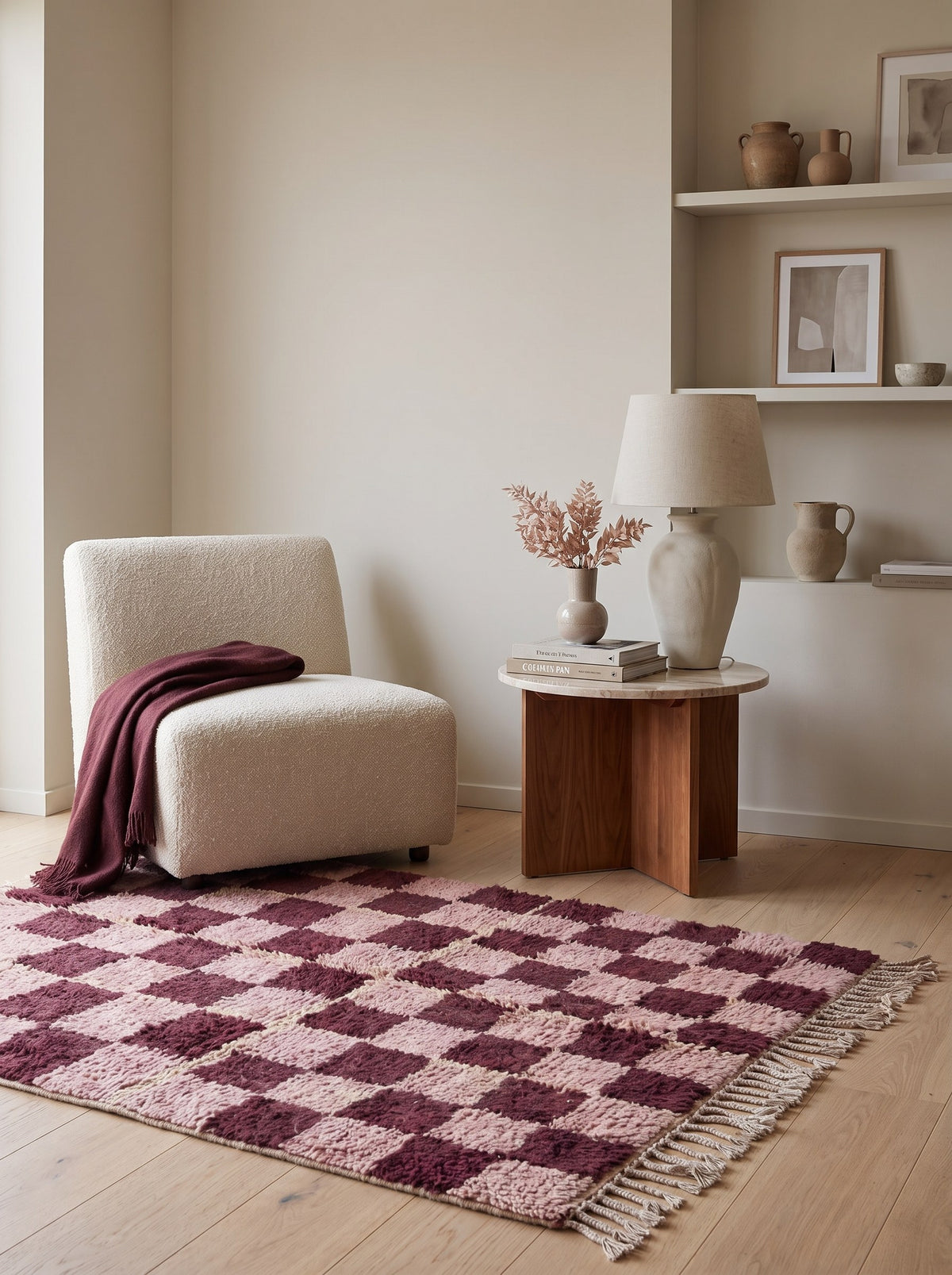 Tapis berbère damier rose et bordeaux Timerza dans un coin lecture, noué main au Maroc