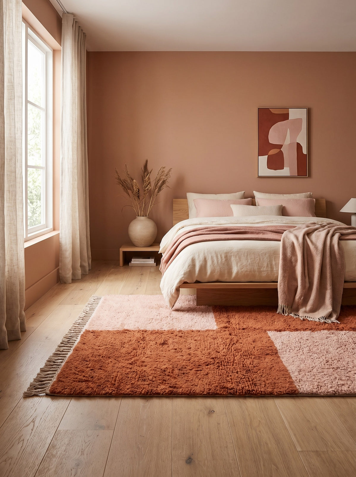 Pink and terracotta checkerboard Tamzoun Berber rug in a bedroom, hand-knotted in Morocco