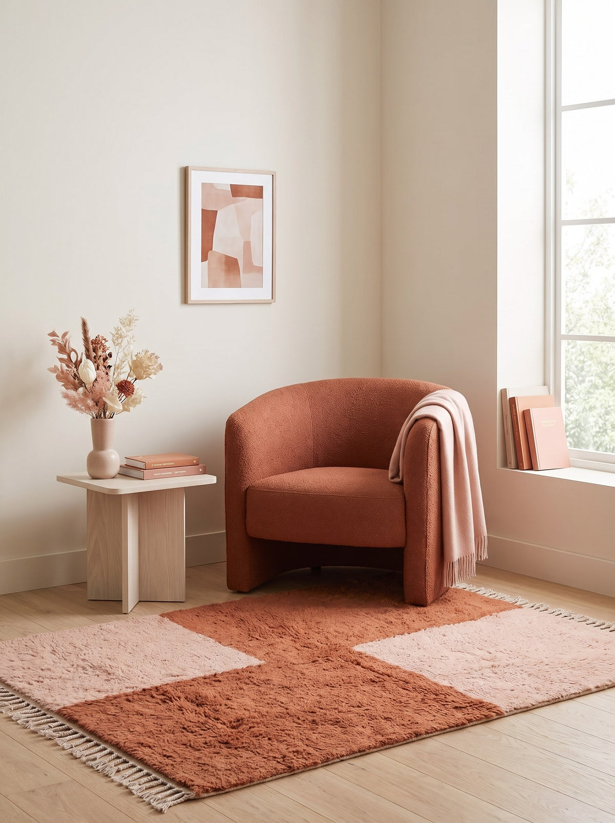Pink and terracotta checkerboard Tamzoun Berber rug in a reading nook, hand-knotted in Morocco