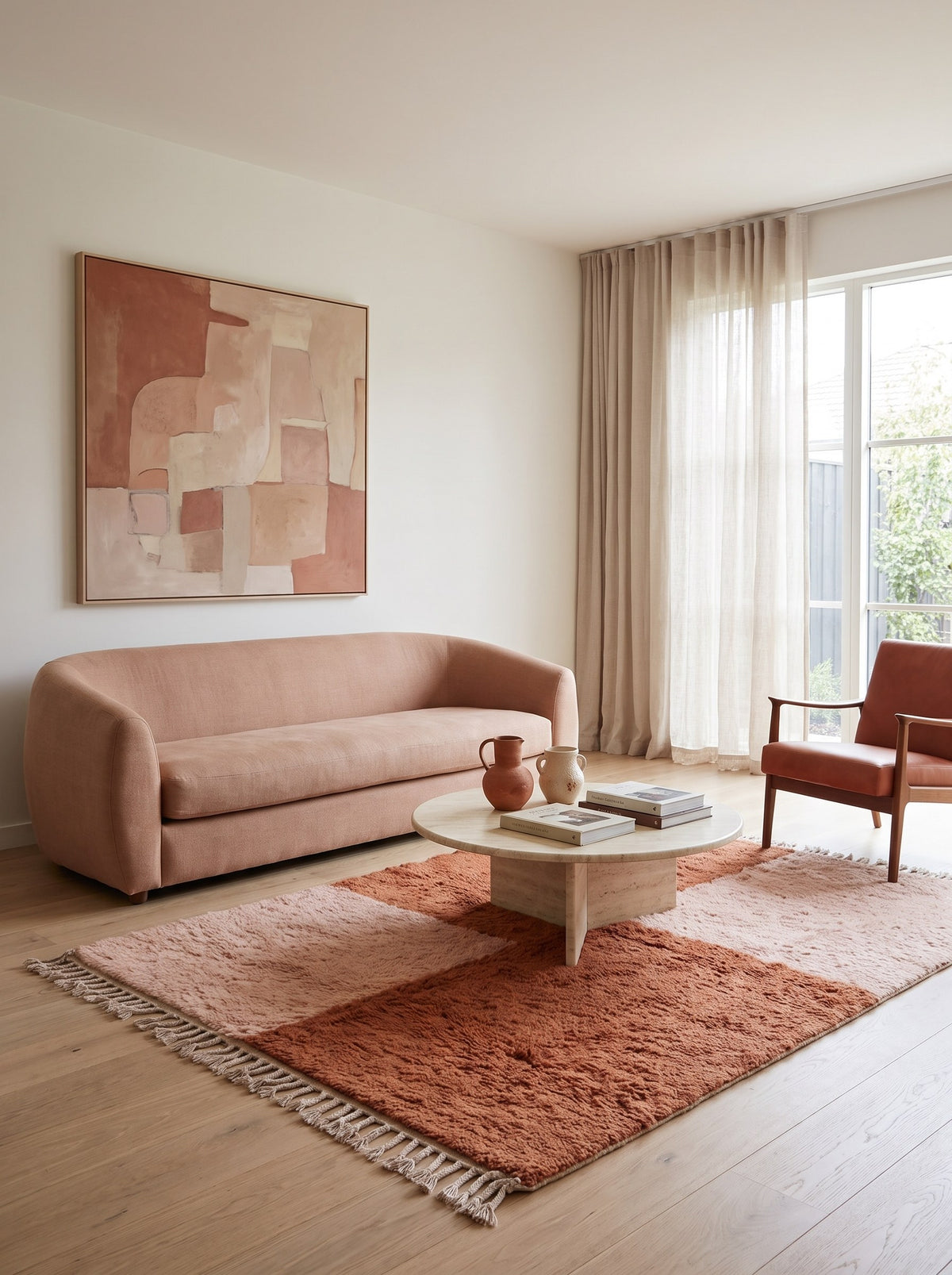 Pink and terracotta checkerboard Tamzoun Berber rug in a living room, hand-knotted in Morocco