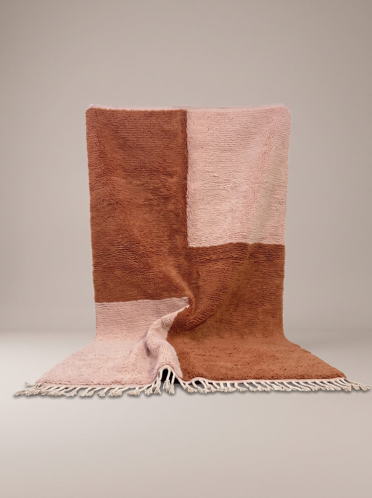 Pink and terracotta checkerboard Tamzoun Berber rug, hanging, one of a kind, hand-knotted in Morocco