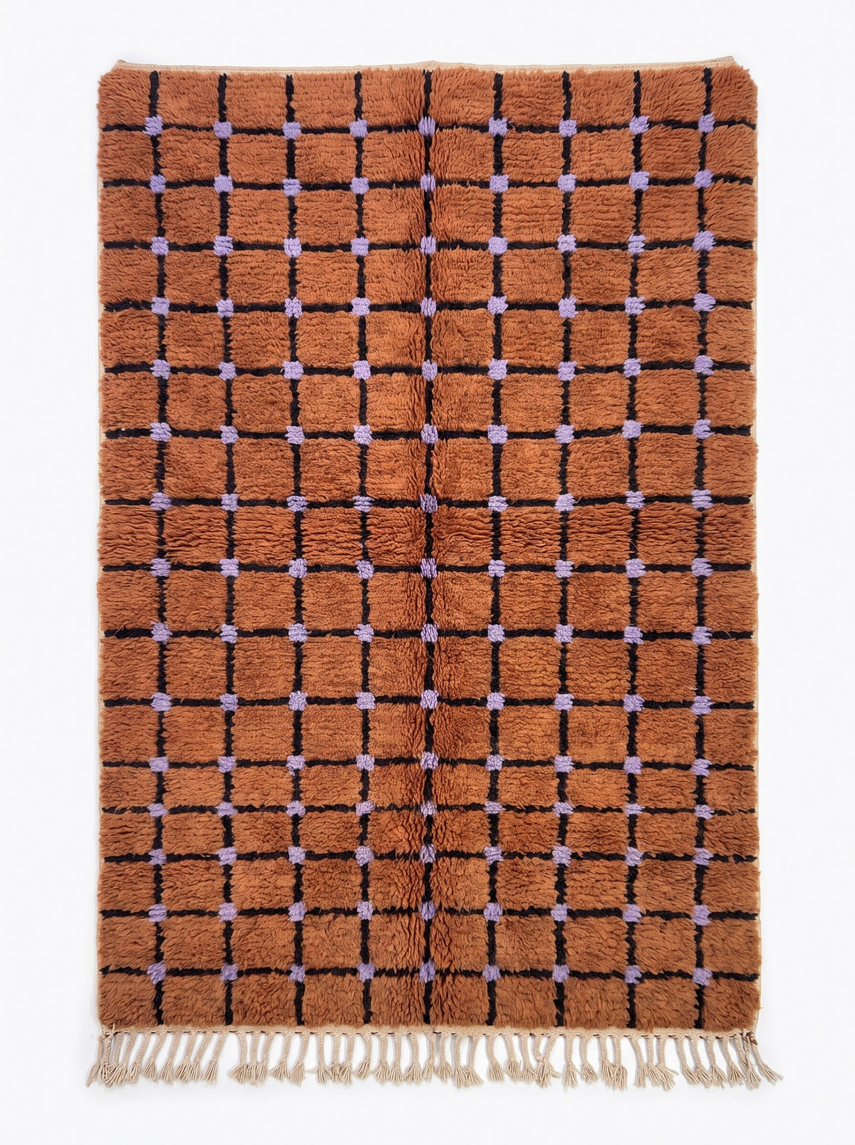 Terracotta checkerboard Tirfalt Berber rug, laid flat, regular grid of terracotta squares outlined with black lines