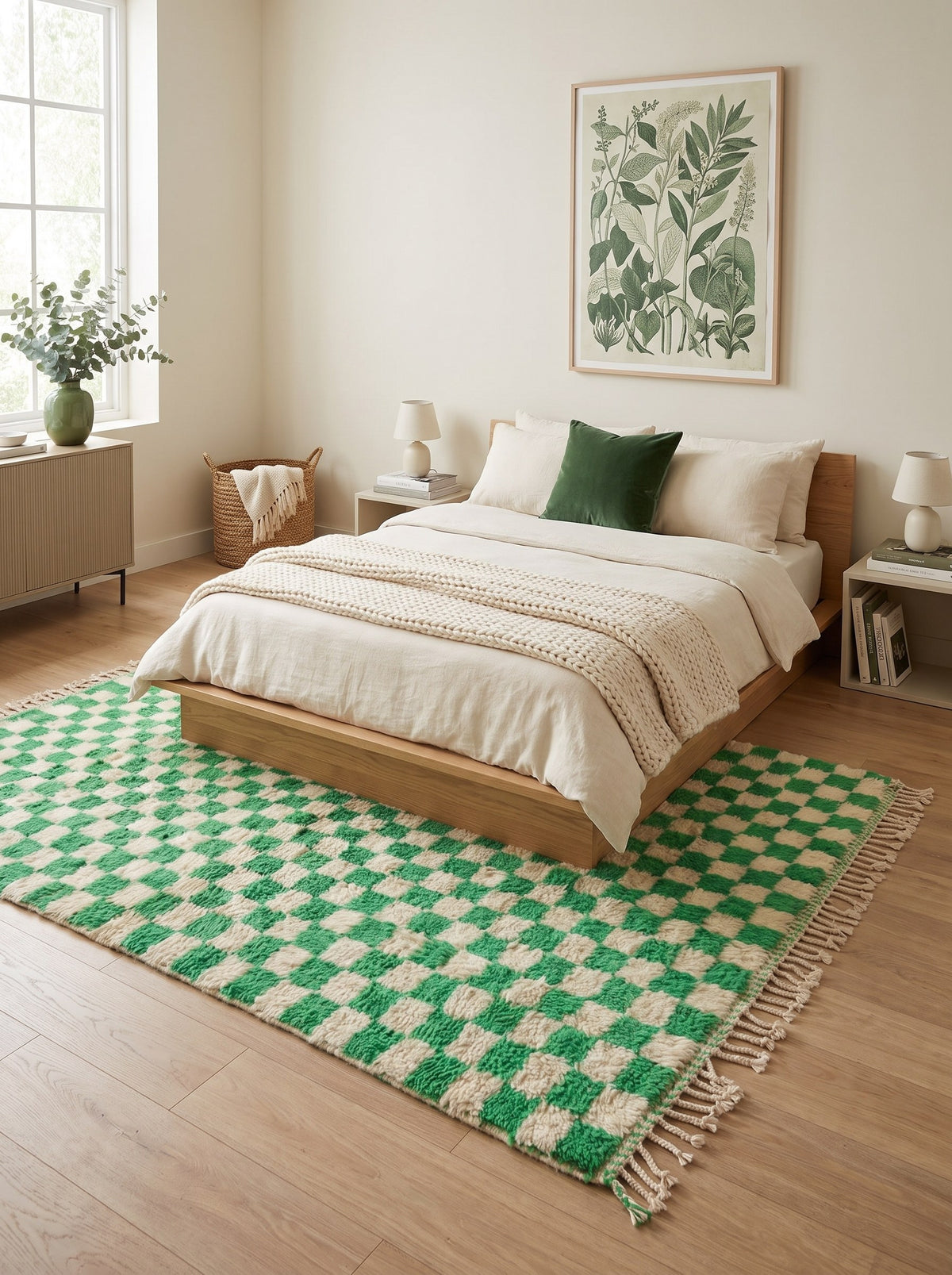 Tapis berbère damier vert et blanc Nerloun dans une chambre, noué main au Maroc