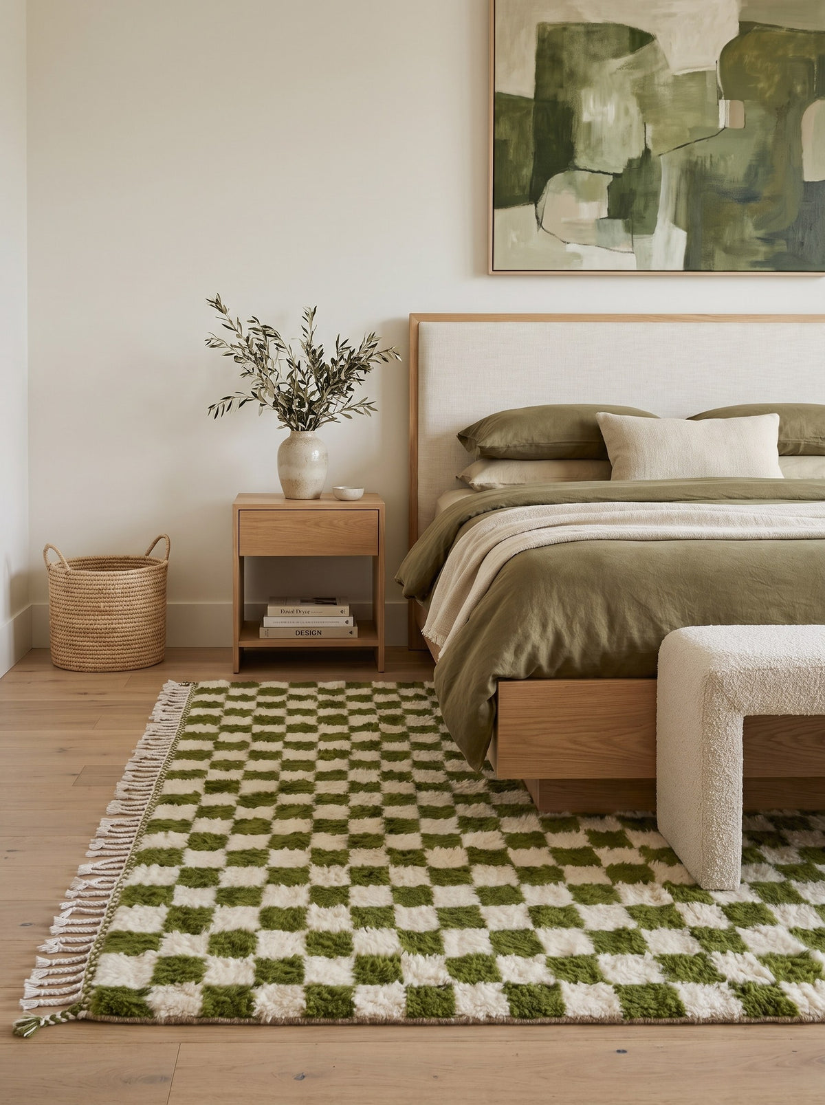 Tapis berbère damier vert olive Bouskoura dans une chambre, noué main au Maroc