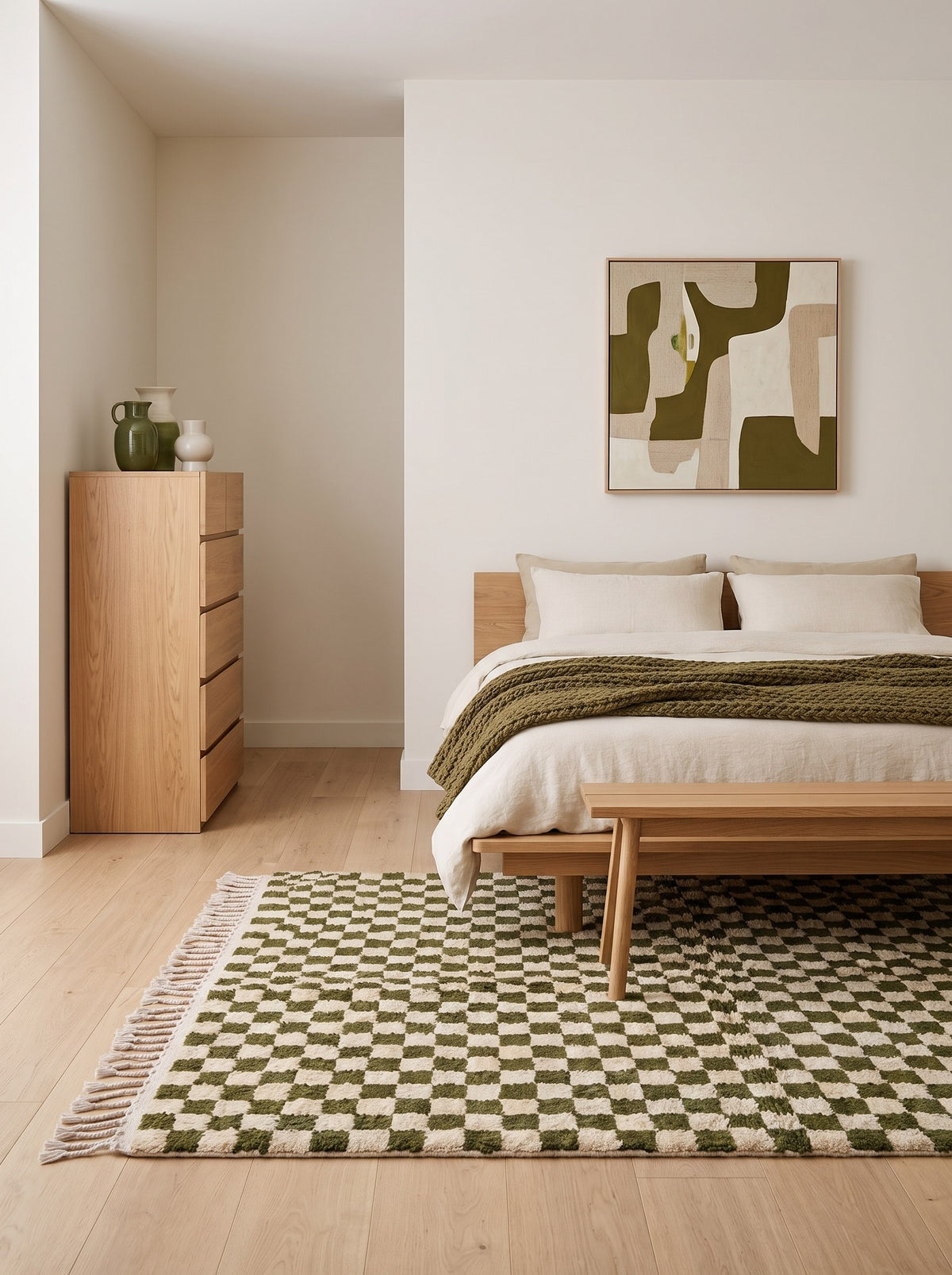 Tapis berbère damier vert olive Tagounite dans une chambre, noué main au Maroc