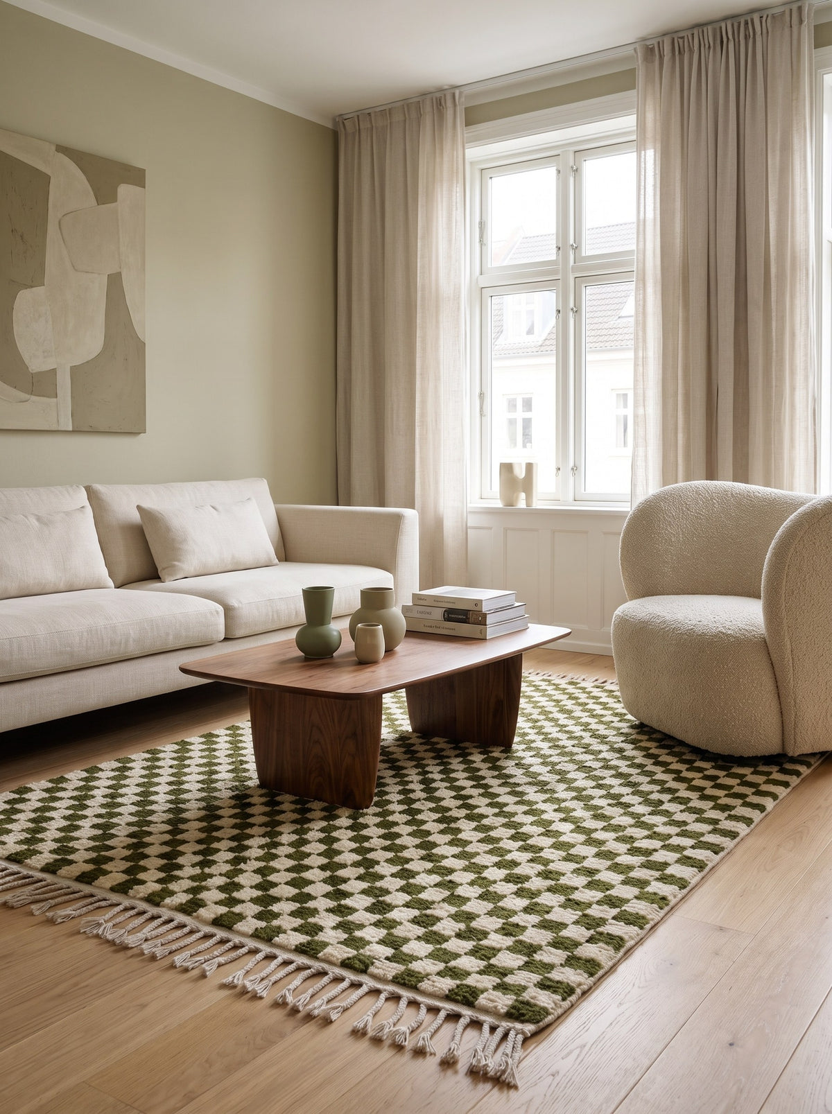 Tapis berbère damier vert olive Tagounite dans un salon, noué main au Maroc