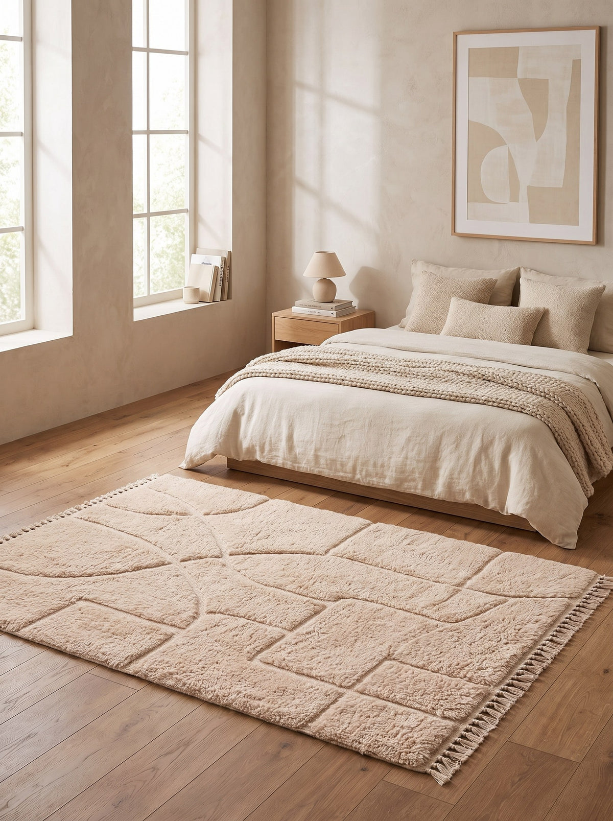 Tapis berbère en relief blanc Tamelelt dans une chambre, noué main au Maroc