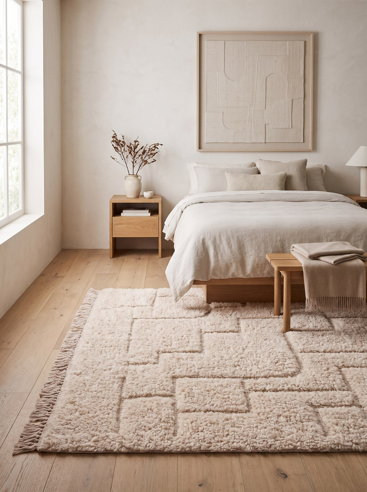Tapis berbère en relief ivoire Lixus dans une chambre, noué main au Maroc
