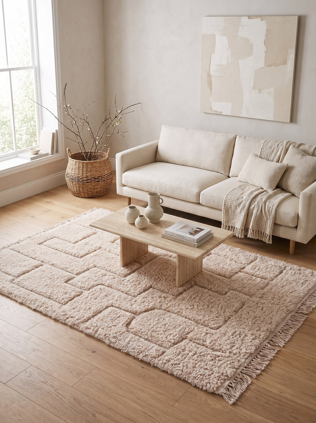 Tapis berbère en relief ivoire Lixus dans un autre salon, noué main au Maroc