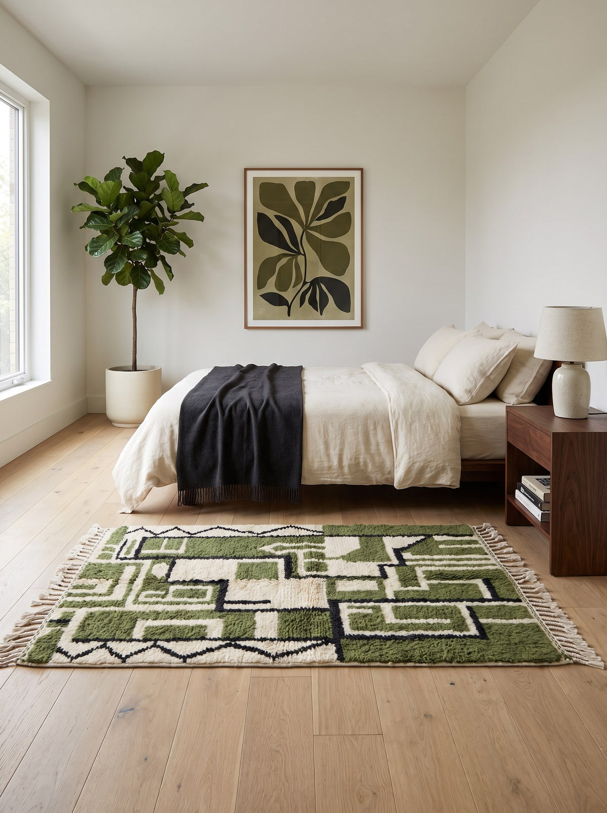 Tapis berbère géométrique vert et blanc Tazerwit dans une chambre, noué main au Maroc