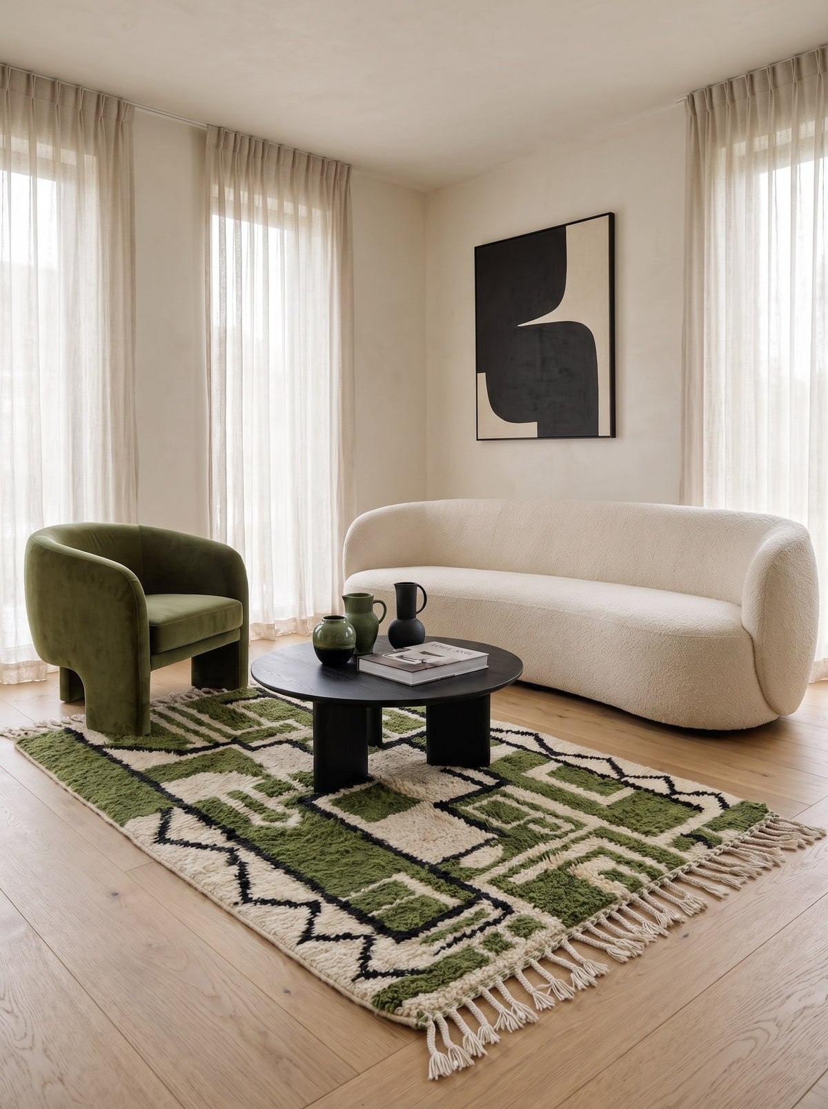 Tapis berbère géométrique vert et blanc Tazerwit dans un salon, noué main au Maroc