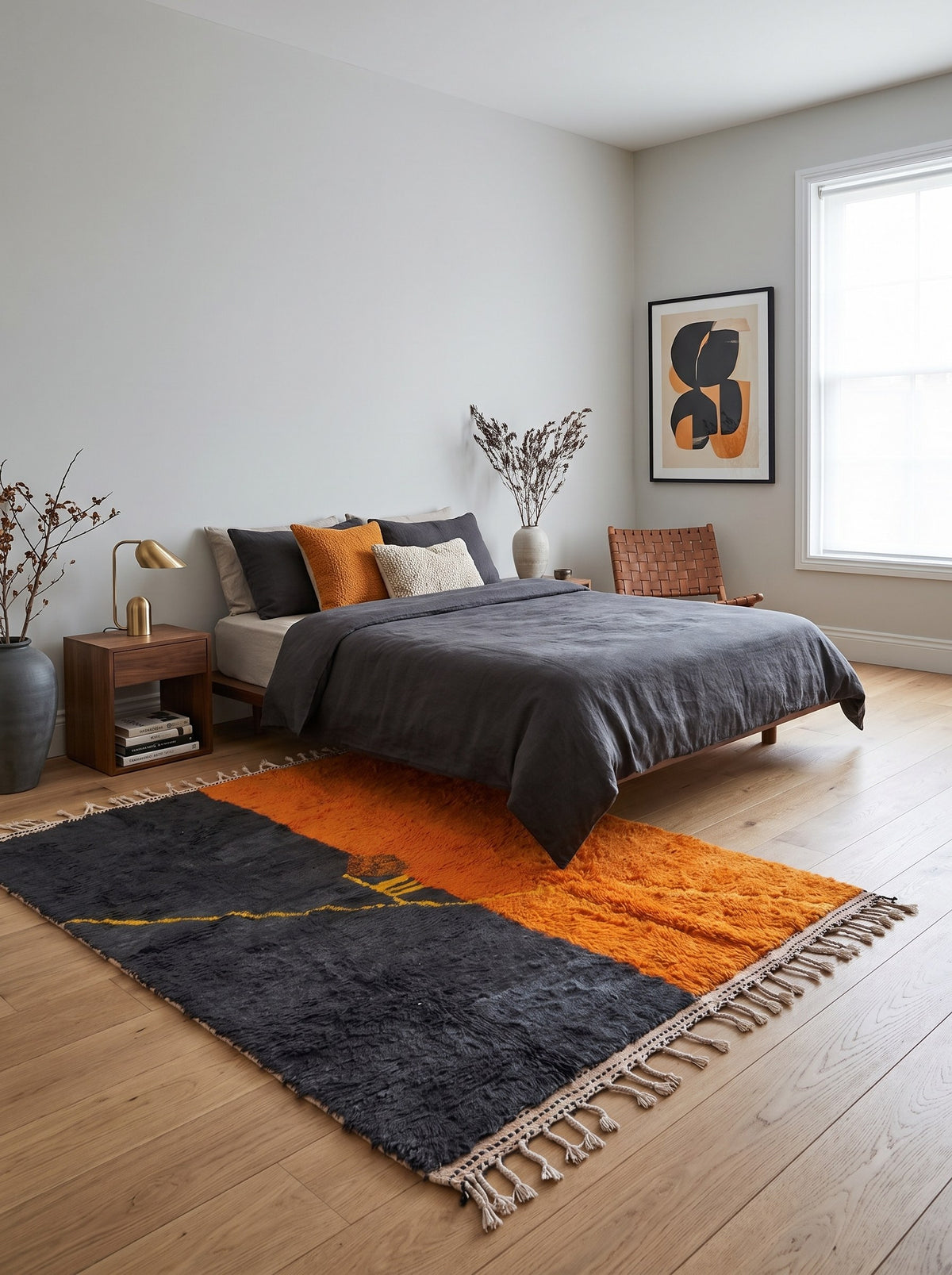 Fezouata graphic Berber rug in charcoal and orange in a bedroom, hand-knotted in Morocco