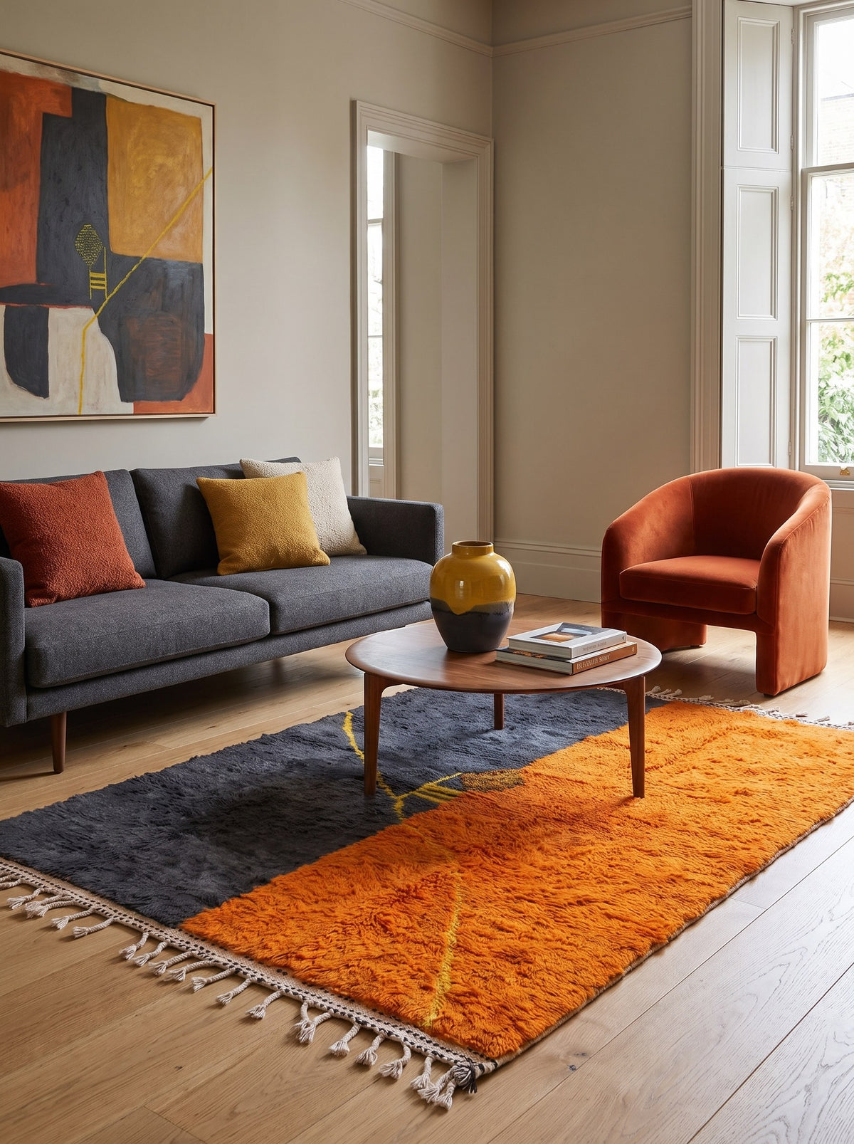 Fezouata graphic Berber rug in charcoal and orange in a living room, hand-knotted in Morocco