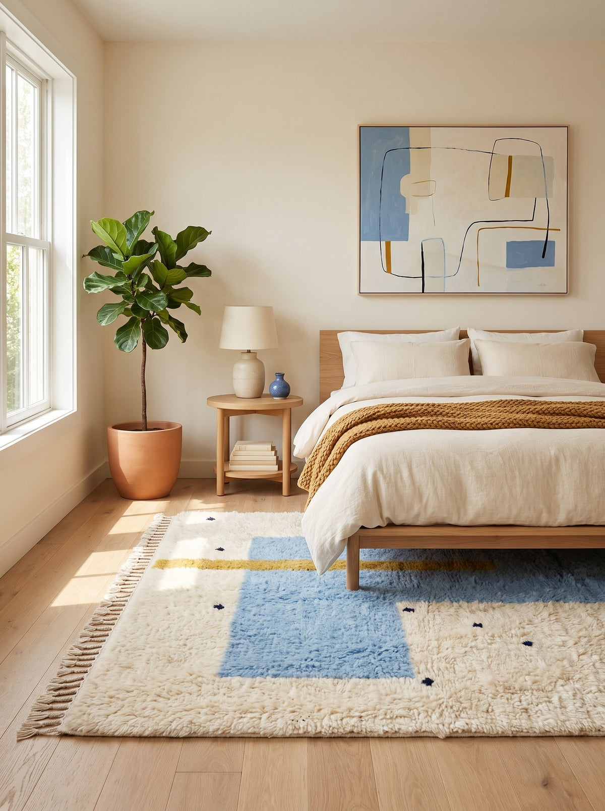 Tapis berbère graphique blanc et bleu ciel Tazmir dans une chambre, noué main au Maroc