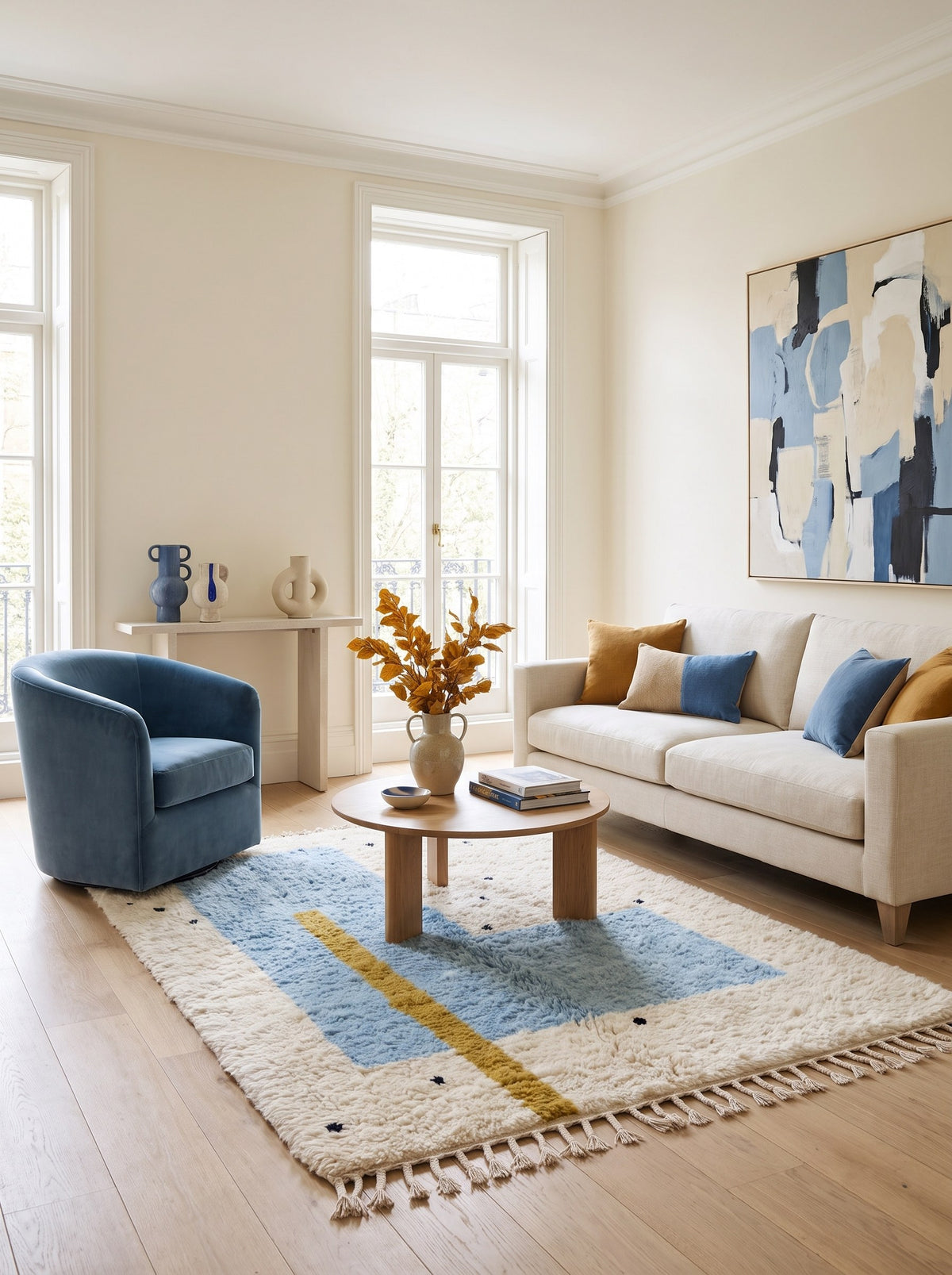 Tapis berbère graphique blanc et bleu ciel Tazmir dans un autre salon, noué main au Maroc