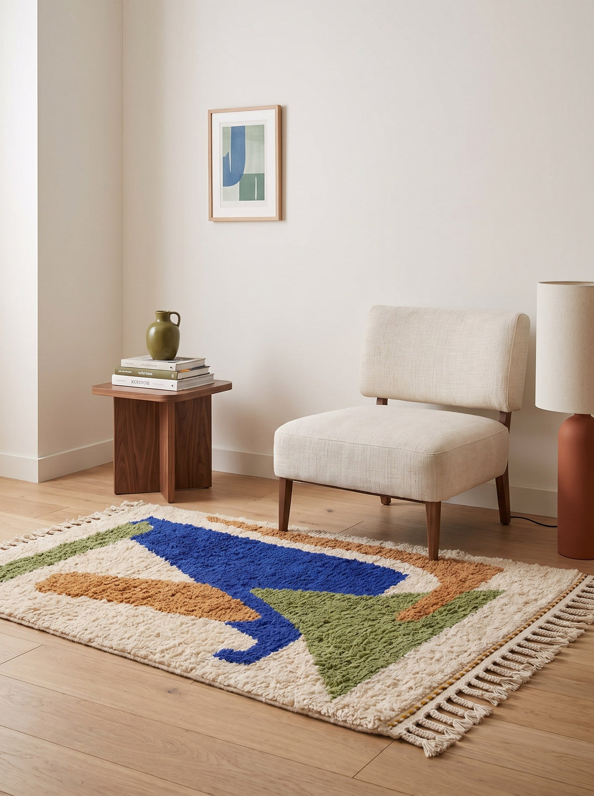 Tapis berbère graphique blanc et bleu roi Targit dans un coin lecture, noué main au Maroc
